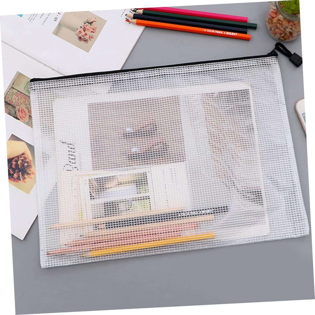 VILLFUL 10Pcs A4 Mesh File Pouches PVC Zipper Document Bags Waterproof Plastic Zipper File Bags for Office and School Filing Organization image number 2