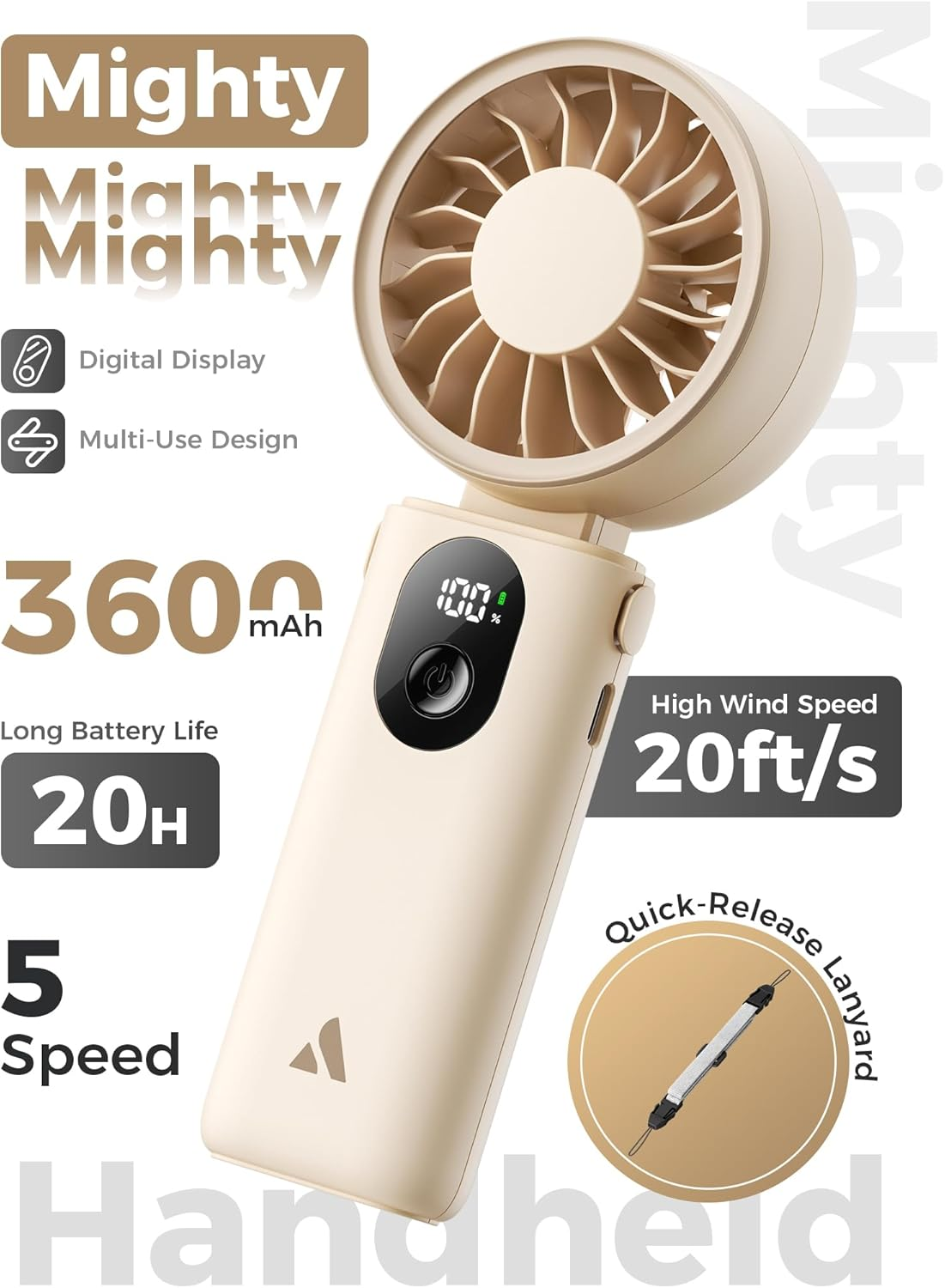 Aecooly Powerful Handheld Fan, 3-In-1 Portable Mini Hand Held Foldable with LED Display [20H Max Cooling Time], 5 Speed Rechargeable Personal Small Pocket Fan, Travel Essentials, Gifts for Women-Beige image number 5