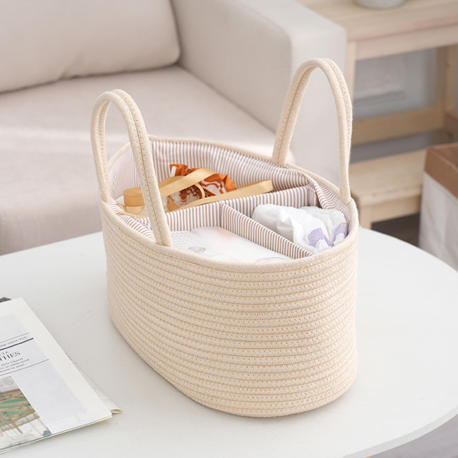 Baby Nappy Caddy, Nappy Organiser, Stylish Nursery Bohemian Cotton Rope Storage Basket, Portable Car Organizer with Removable Inserts, for Storage Nappy and Necessities, 38 X25 X18 CM (Beige) image number 3