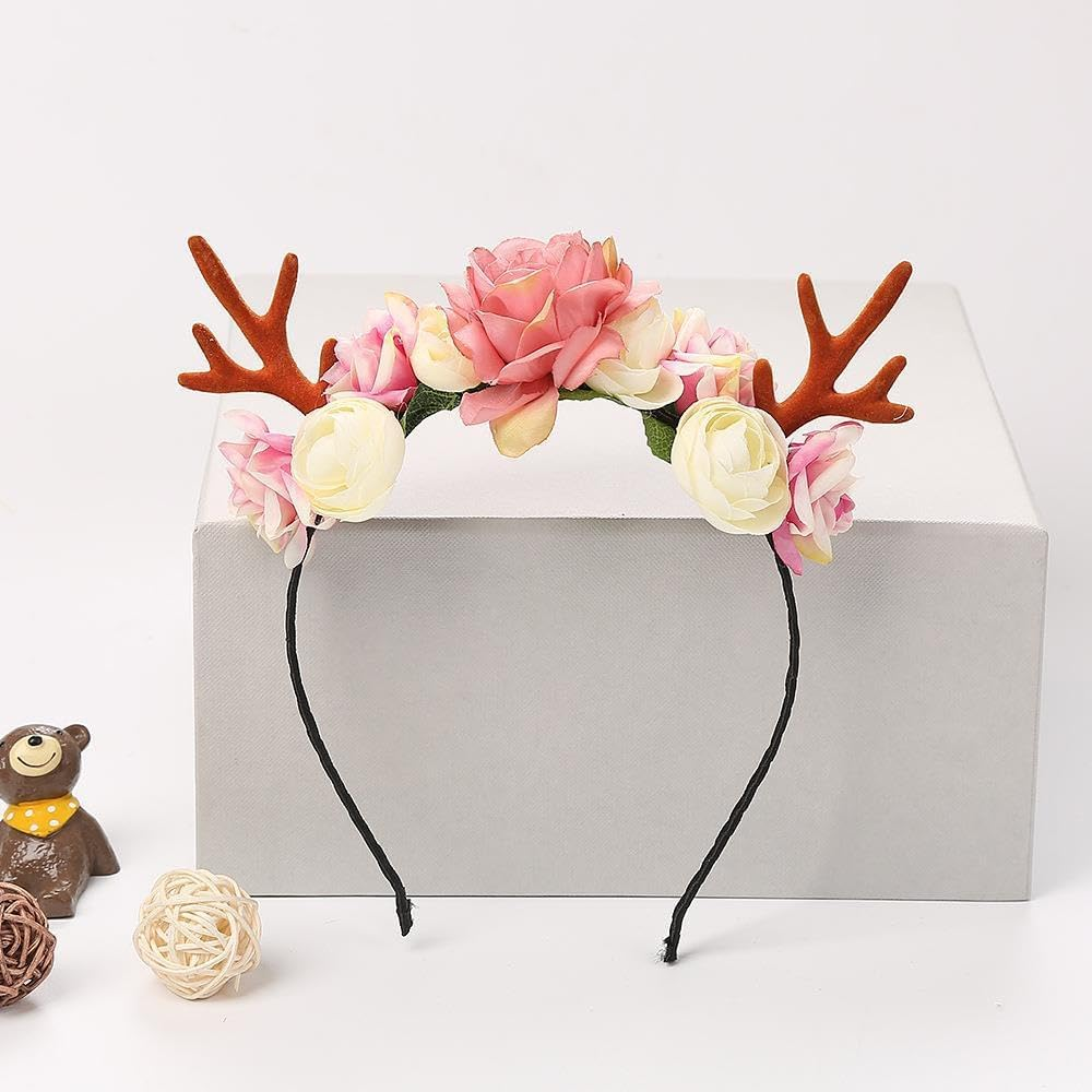Christmas Flower Deer Headband,Flower Crown Reindeer Antlers Headband,Xmas Hair Accessories Festival Photo Props Floral Wreath Headdresses Forest Fairy Costume Photography Hair Hoop for Women Girl image number 2