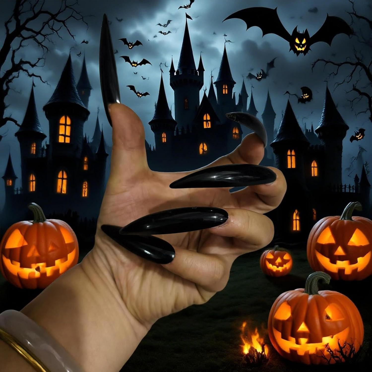 Gothic Press on Nails | Long Creepy False Nails,Gothic Fingernail Decoration for Masquerade Holiday Dress-Up Role Play Haunted House Halloween Party - Red image number 4