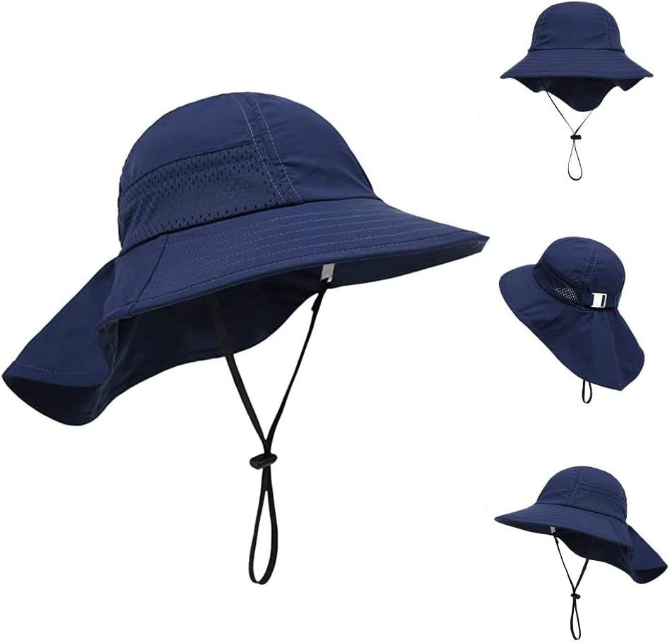 Kids Girls Boys Ausgear Sun Hat Wide Brim UPF50+ Beach Hats Mesh Cap with Neck Flap for Baby Toddler Outdoors