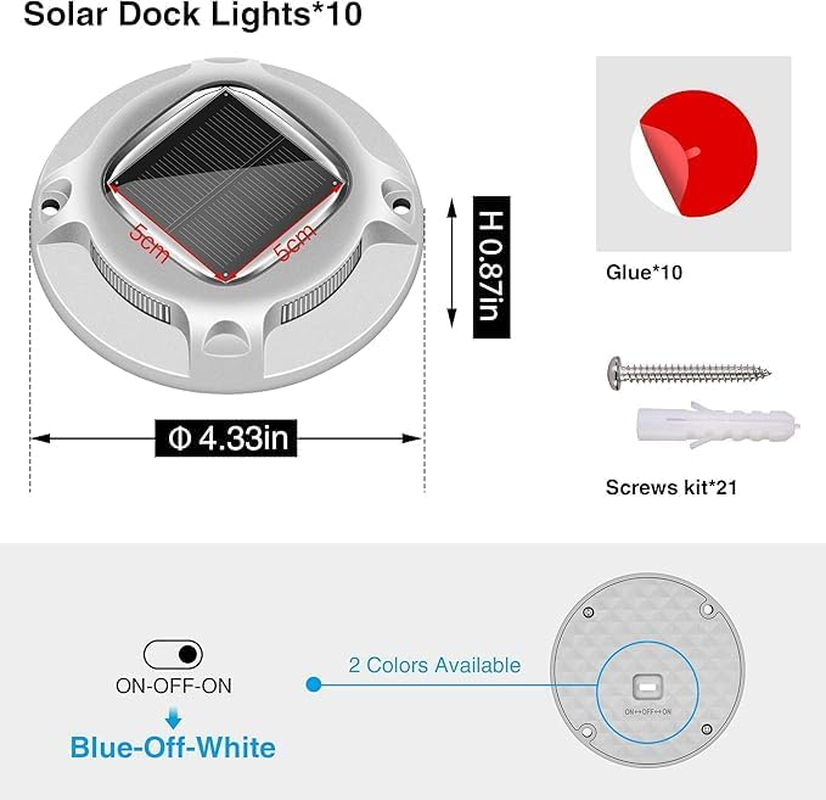10 Pack Solar Driveway Lights,2 Color Modes Waterproof Outdoor LED Dock Marine Marker, Solar Deck Lights for Step, Sidewalk, Pathway, Patio, Garden (Blue/White) image number 1