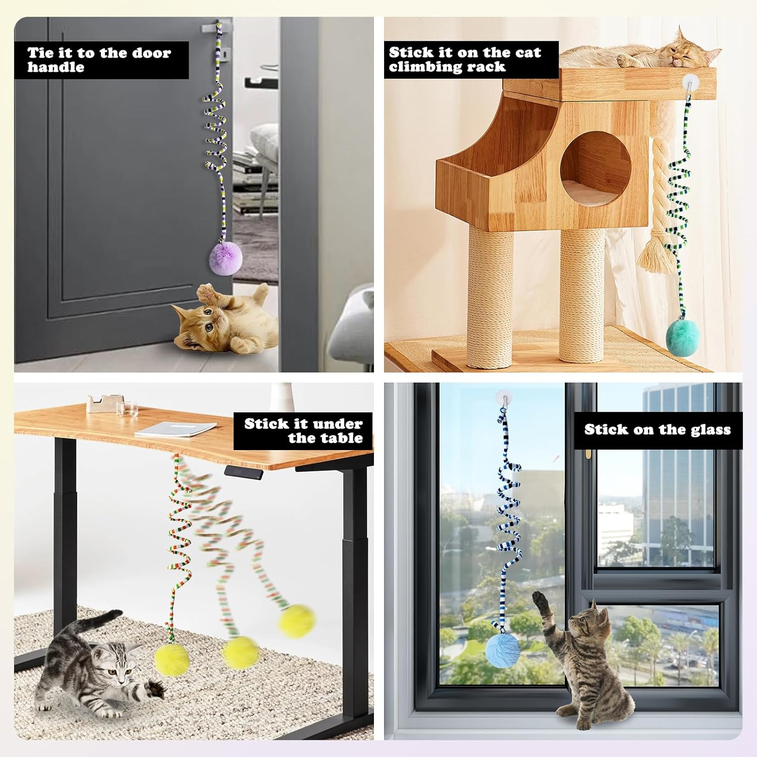 Andiker Cat Spring Toy, Self-Play Stretchy Door Hanging Cat Toy with Bell, Soft Plush Ball with Spring Kitten Toy for Exercise (Green + Purple)