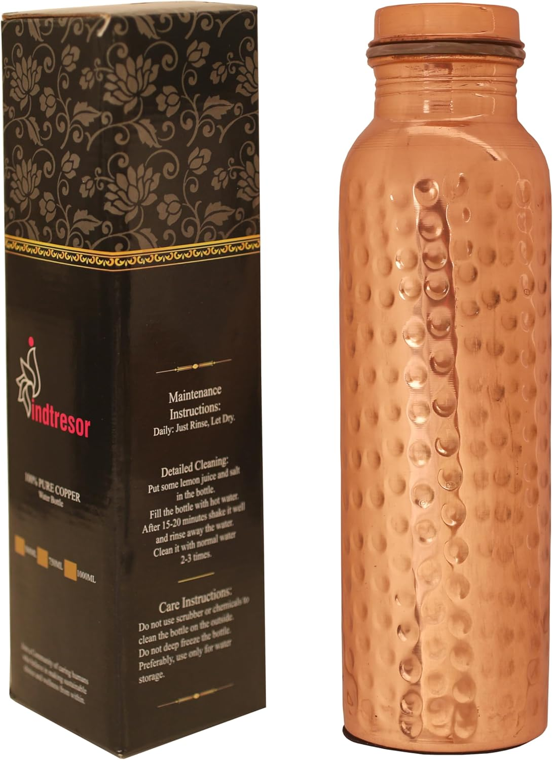 Indtresor Pure Copper Water Bottle - Handcrafted - Ayurveda Health Benefits - Large 35 Oz - Leak Proof, Easy to Carry for Sports, Fitness, Yoga, School - Natural Hammered Beaten Copper Finish image number 5