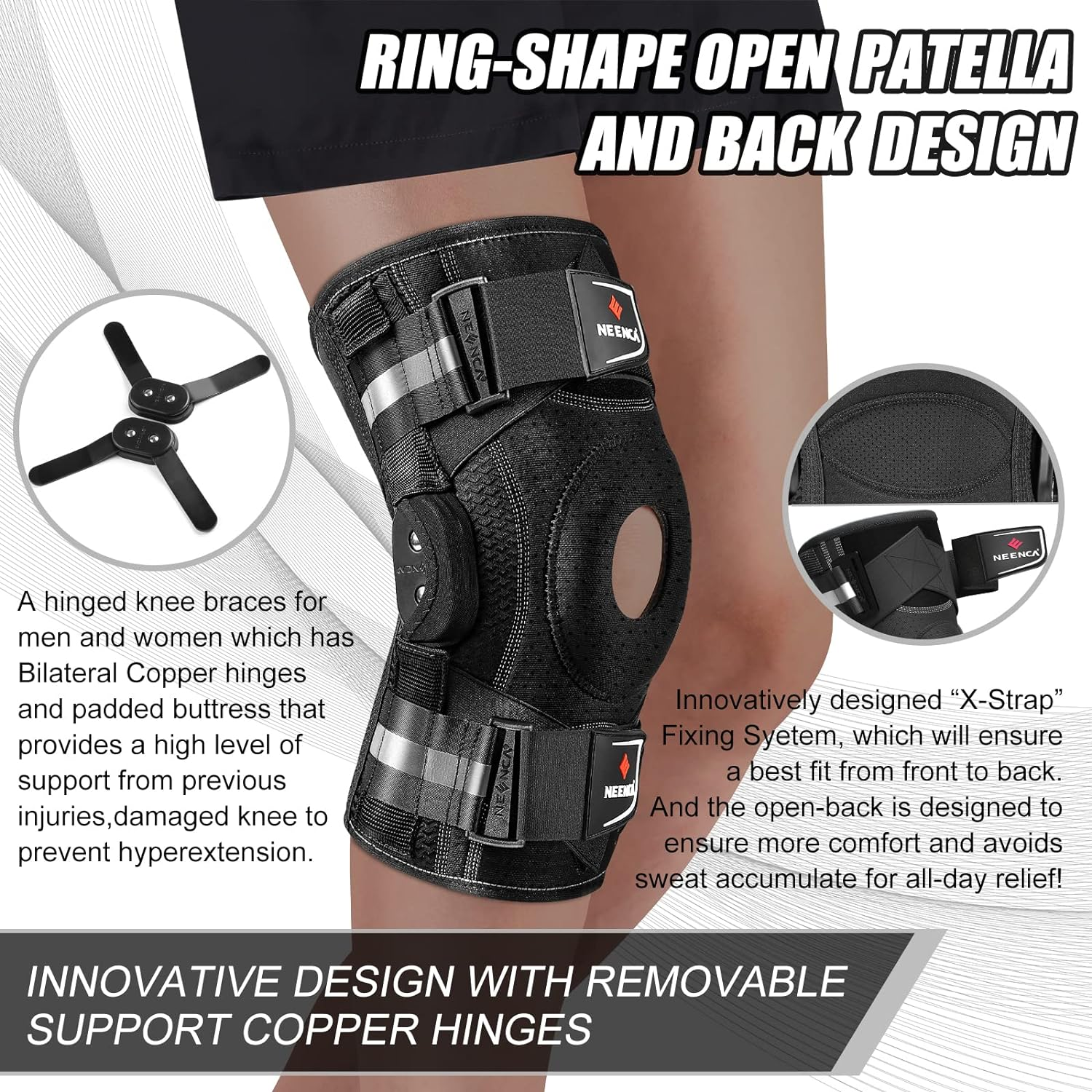 NEENCA Professional Knee Brace for Knee Pain, Hinged Knee Support with Patented X-Strap Fixing System, Strong Stability for Pain Relief, Arthritis, Meniscus Tear, ACL, Runner, Sport - FSA/HSA APPROVED image number 3