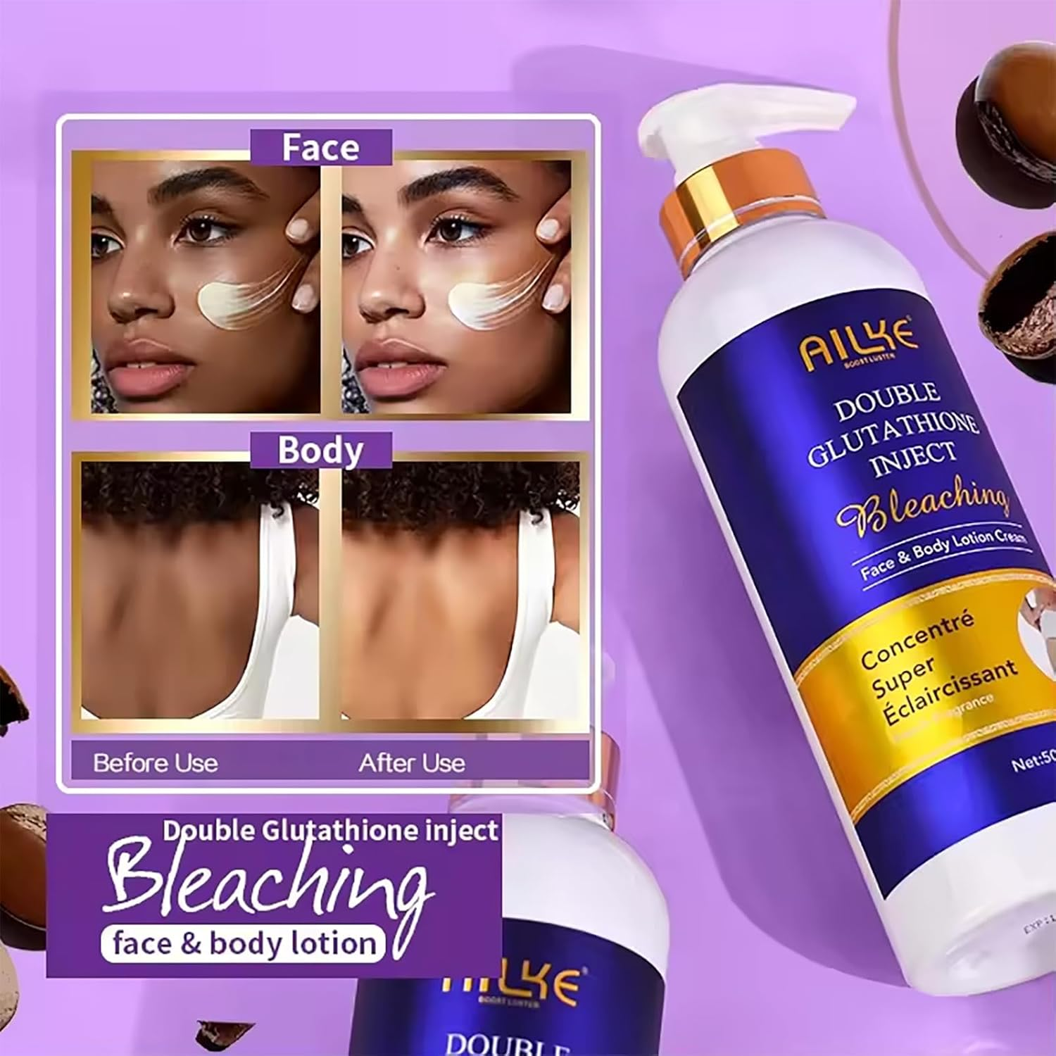 AILKE Double Glutathione Bleaching Body Lotion, Whitening, Even Skin Tone, Remove Dark Spots, with Niacinamide, Arbutin, Perfect for Black, Dark, Caramel Skin, 500Ml (Pack of 1) image number 2