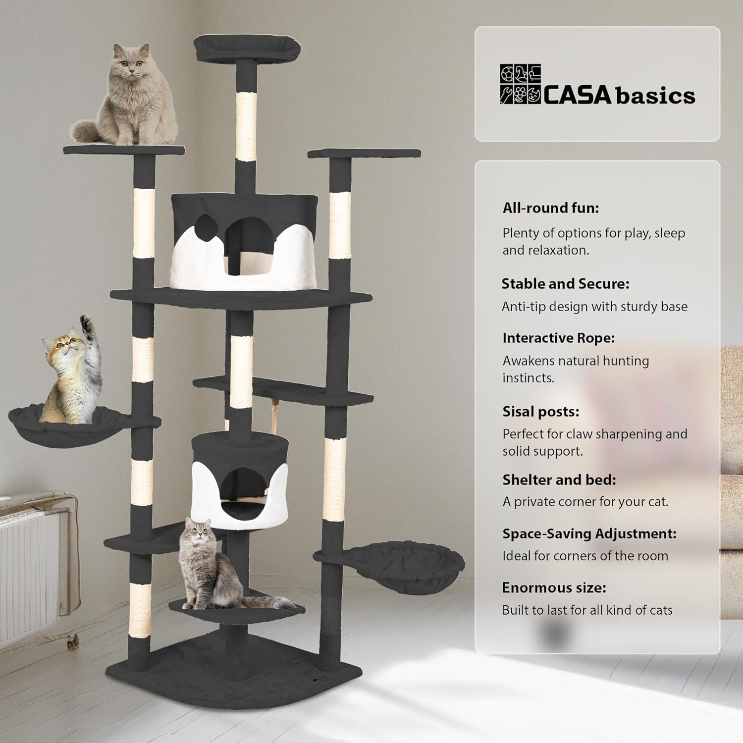 Casa Basics Cat Tree Scratching Post for 1-3 Cats, Large Height 204 Cm Climbing Tower, Multi-Level Stable, Activity Trees, Platforms, Rope, Rope, Hutches, Nests, Soft Plush Fabric (Black) image number 5