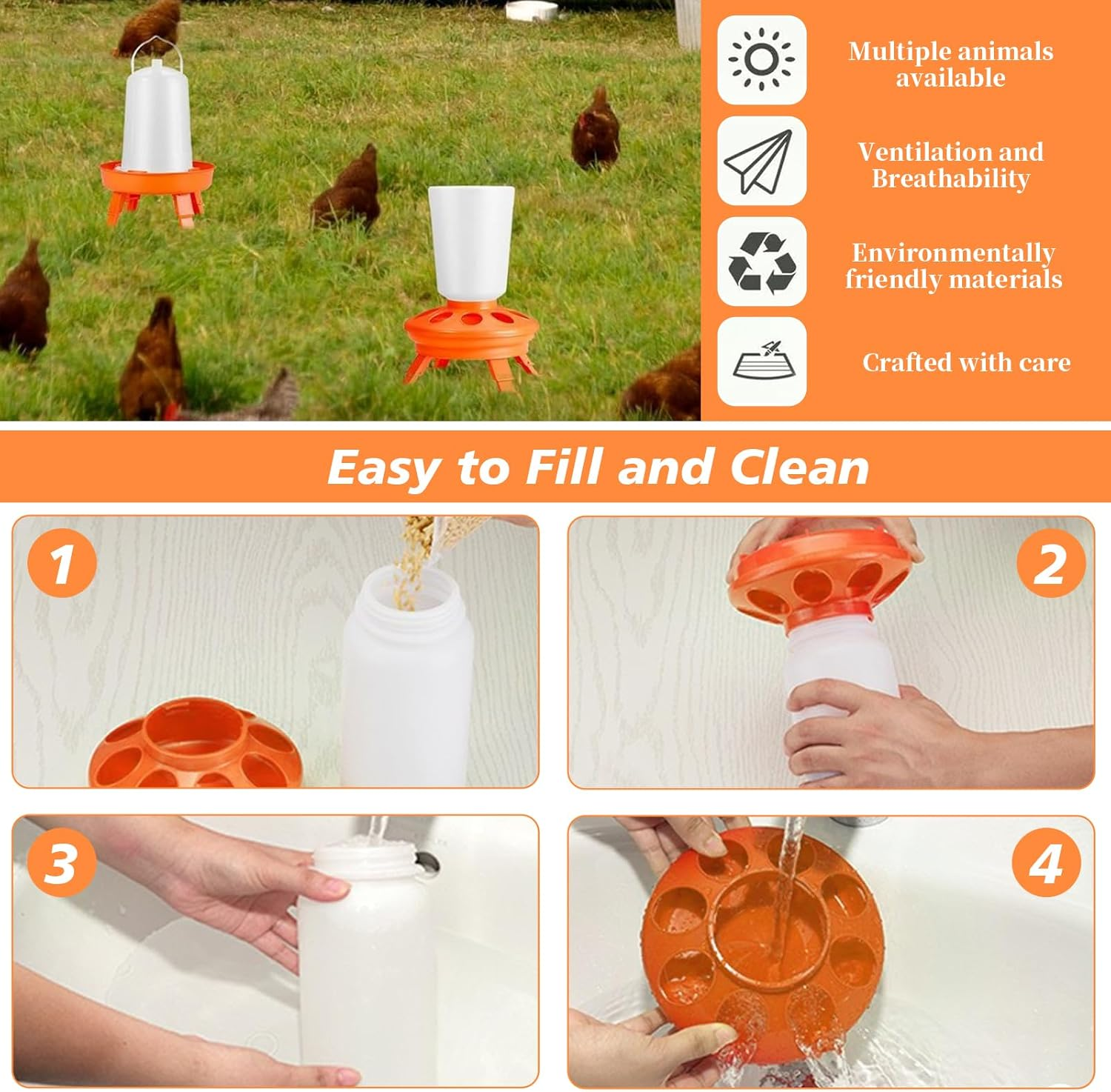 Automatic Chick Feeder & Waterer Kit, 1L Feeder + 1.5L Waterer, Durable Hanging Baby Chick Waterer, Duck Quail Feeders, Easy Clean Chicken Drinker Starter Kit (Orange) image number 2
