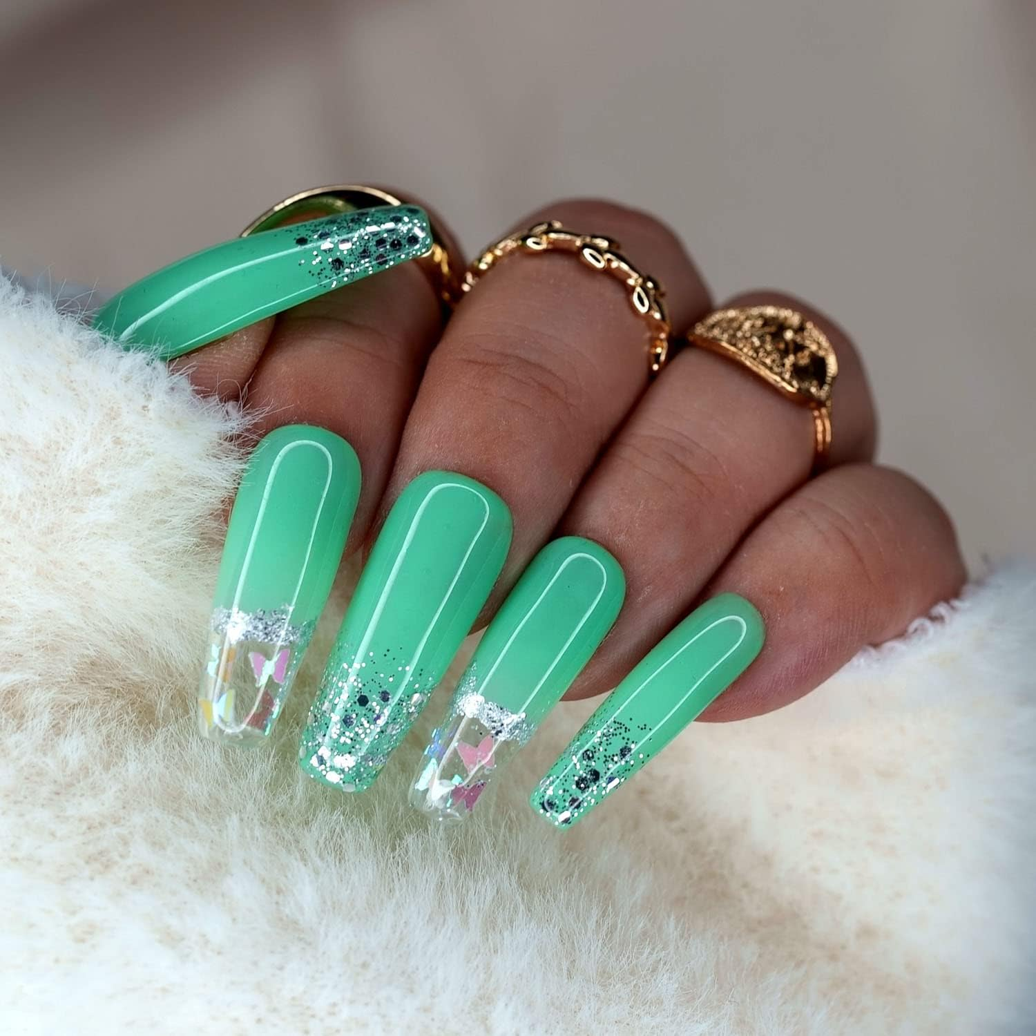 10 Pcs Handmade Press on Nails ( M, Mint Butterflies / Minty Green Silver with Glitter French Tips Holo Butterflies / Long Coffin) A021M image number 2