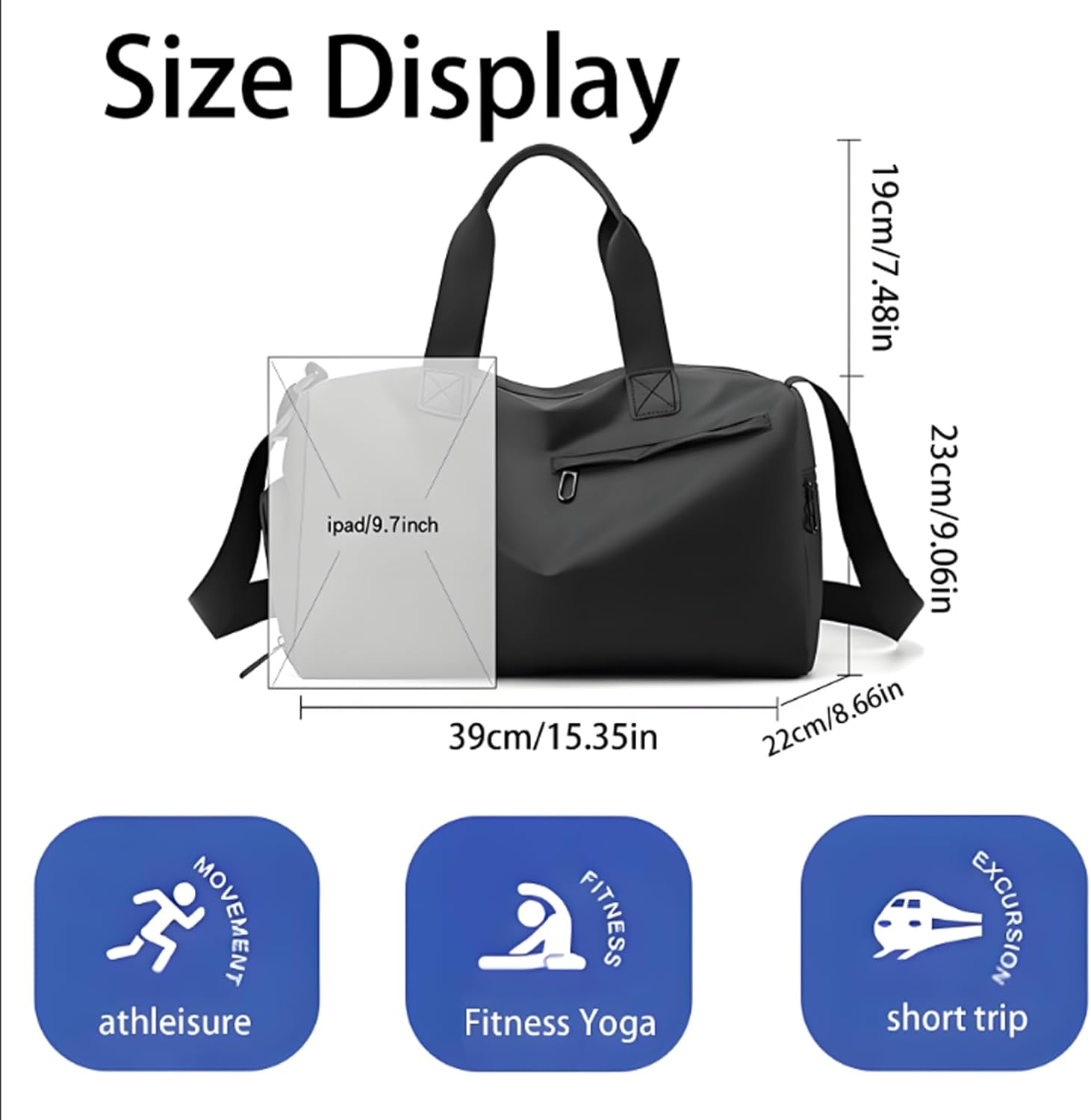 Sports and Fitness Bag, Black, Waterproof, 39X22X19Cm, with Independent Shoe Compartment, Dry and Wet Separation, Suitable for Fitness, Travel, Yoga image number 4