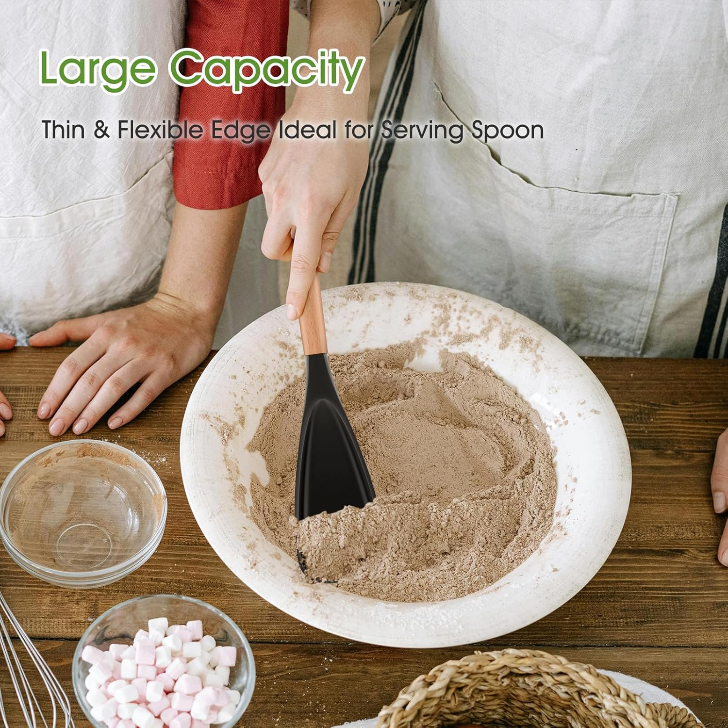 Lorisarm Large Cooking Spoons for Serving. 11.2" Nonstick Silicone Spoonula with Wooden Handle, Heat Resistant Rubber Serving Spoon for Baking,Scooping and Scraping. image number 3