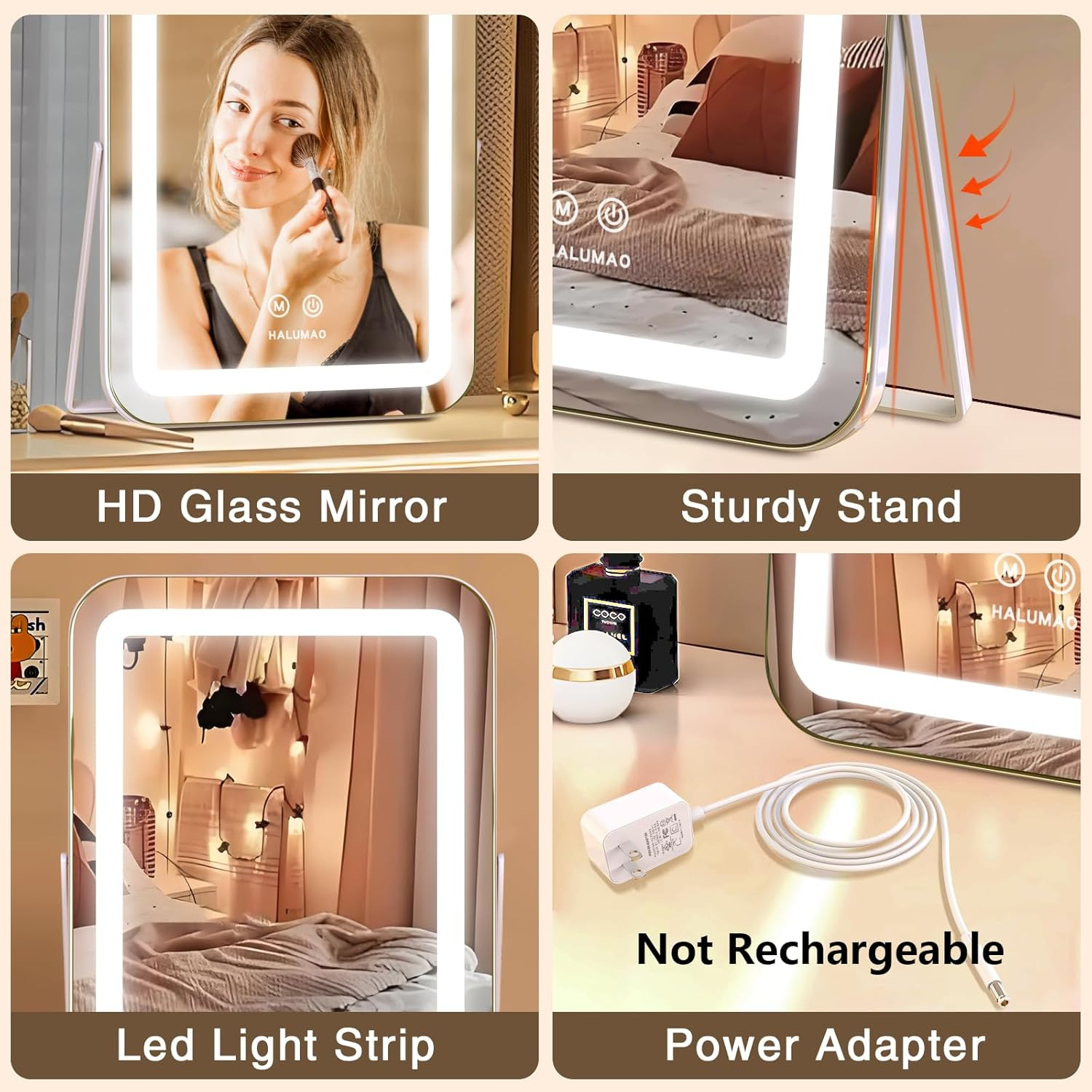 Vanity Mirror with Lights, 13.8" X 10.6"Light up Makeup Mirror, LED Makeup Mirror with Lights for Bedroom Tabletop, Smart Touch Control 3 Colors Dimmable, 360&deg; Rotation image number 5