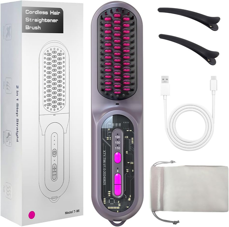 Electric Hair Straightener Brush, KYOEON Portable Cordless Mini Hair Straightening Brush for Women Travel, 9600Mah Rechargeable, Fast Heating Hair Straight Comb