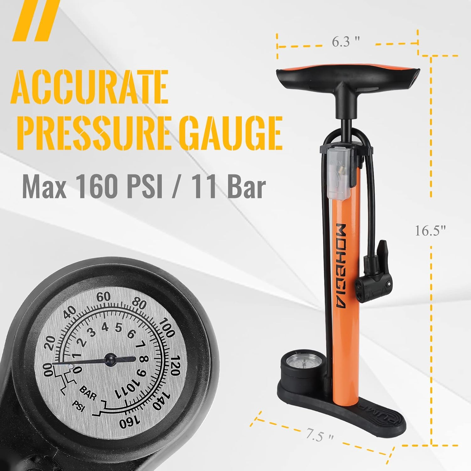 MOHEGIA Bicycle Pump, Air Pump 160 PSI High Pressure Floor Pump with Pressure Gauge, Hand Pump for All Valves - Presta, Schrader, Dunlop, Car, French Valve, for Bike, Tyre, Ball - Blue image number 5