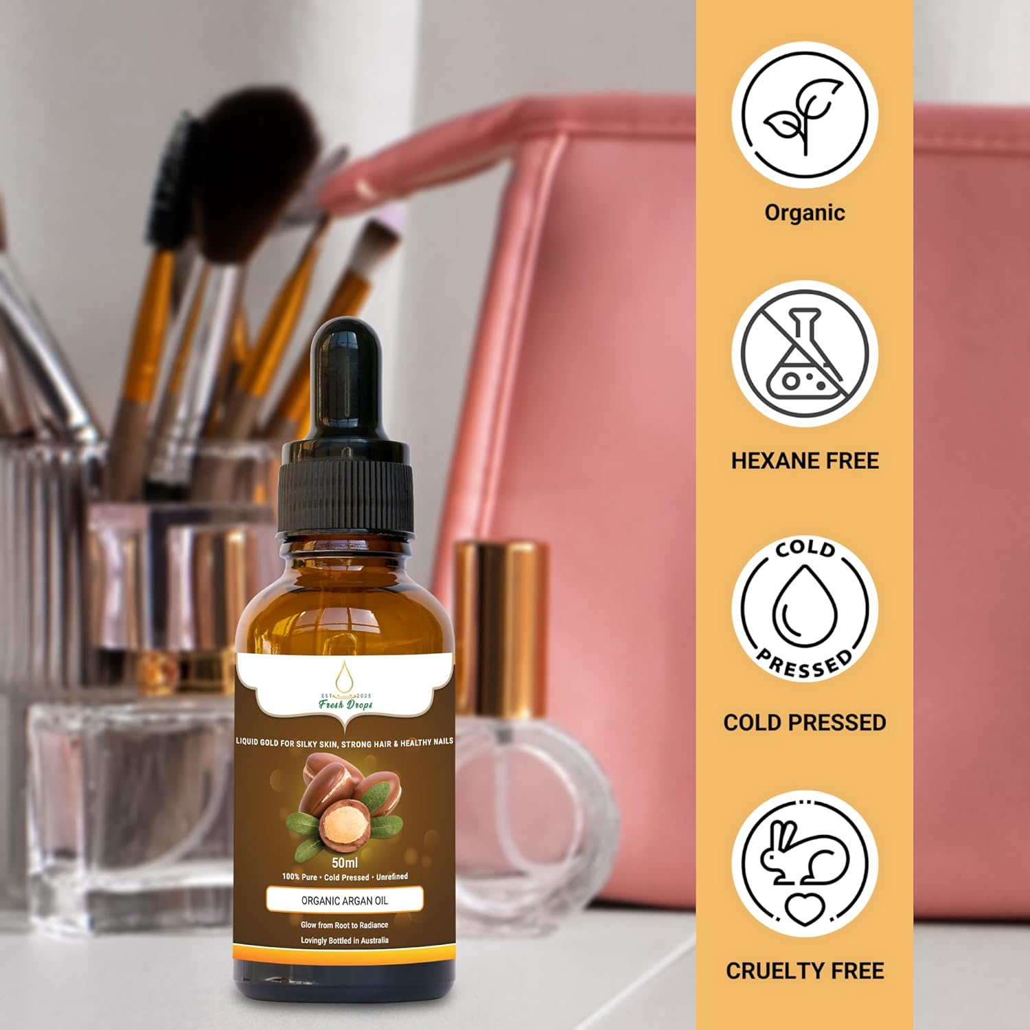 Fresh Drops Organic Argan Oil 50Ml &ndash; 100% Pure Cold Pressed, Natural Moisturizer for Skin, Hair, Face & Nails &ndash; Glass Dropper Bottle image number 6