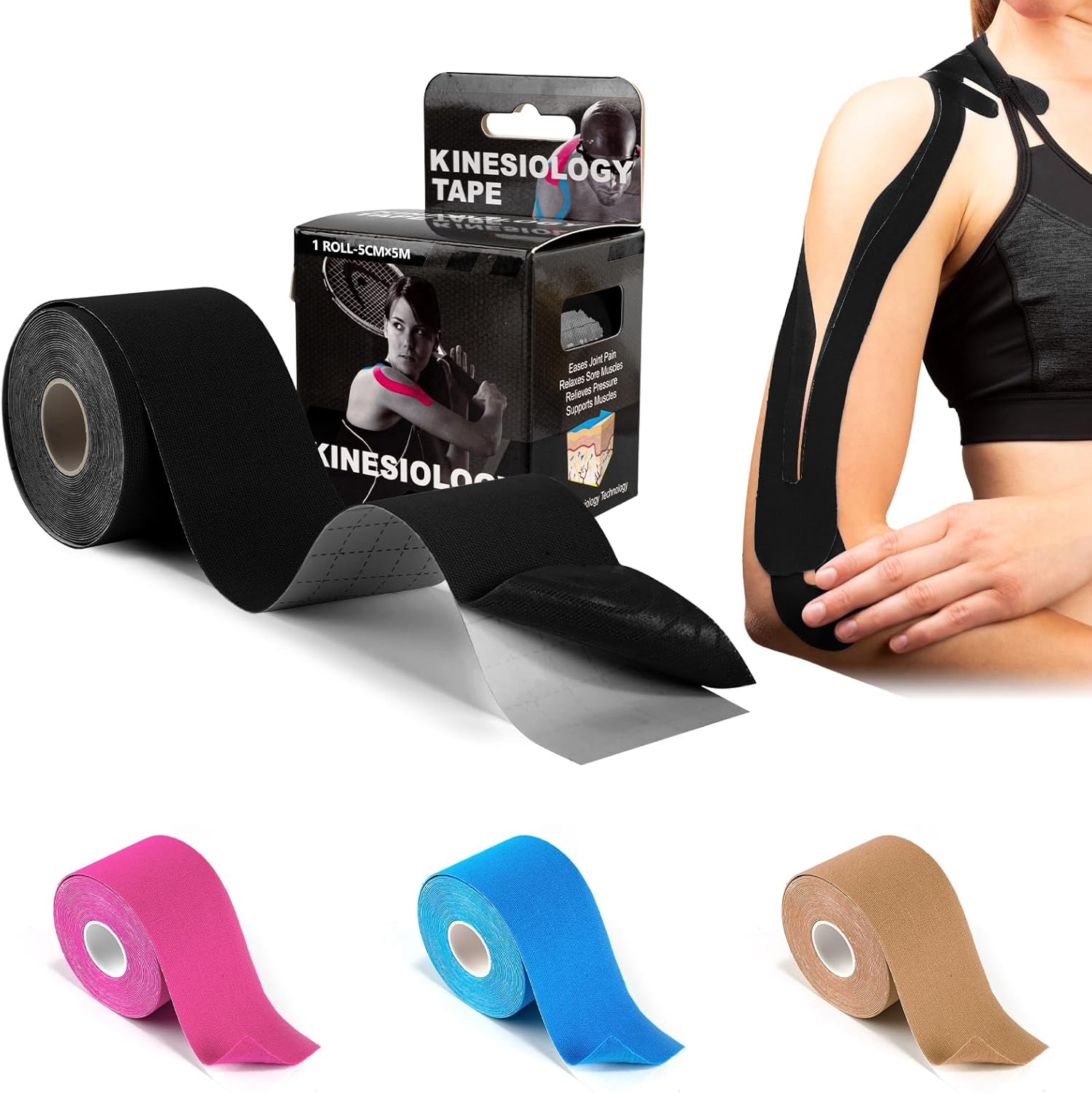 2 Rolls Kinesiology Tape for Knees, 2In&times;16.4Ft Roll Athletic Tape for Elastic Muscle Support, Waterproof Physio Tape for Relieve Muscle Soreness and Injury for Shoulder, Ankle, Face Tape, Skin,Beige