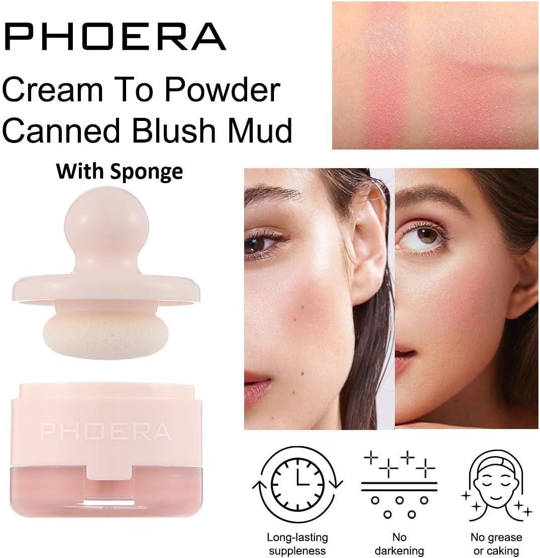 PHOERA Cream to Powder Canned Blush Mud &ndash; Lightweight Longwear Cheek Blush with Puff & Mirror &ndash; Matte & Shimmer Finish &ndash; 6 Buildable Shades for Natural Radiant Glow (03 Aloha, One Size) image number 4