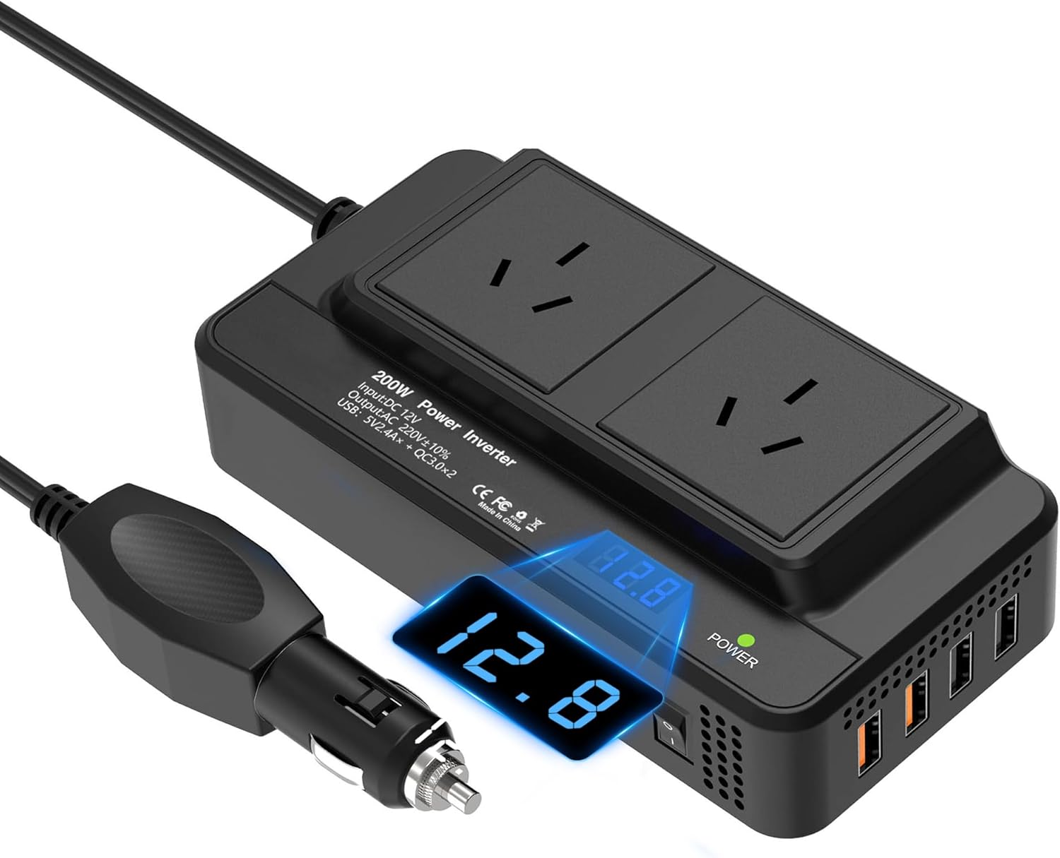 200W Car Power Inverter, DC 12V to 240V AC Converter with 2 AU Outlets & 4 USB Ports, Fast Charging Adapter with Switch and Current LED Screen for Car, SUV, Truck image number 2