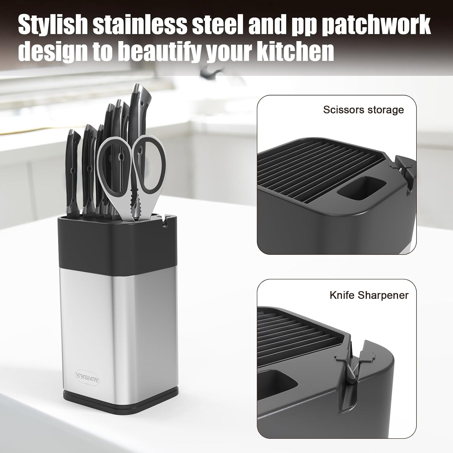 Knife Block Holder,Universal Knife Block without Knives, Space Saving Knife Storage and Protect Blades, Unique Modern Design with Knife Sharpener and Scissor Slot. image number 4