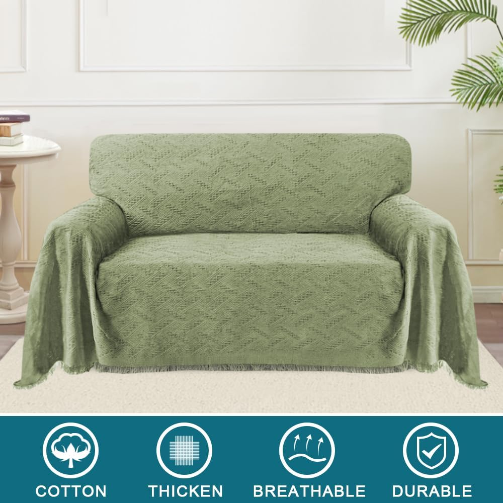H.VERSAILTEX Cotton Sofa Cover Couch Covers Sand Couch Protector Sofa Throw Cover for Couches Washable Sectional Sofa Couch Cover for Dogs Feature Geometrical Woven Fabric(180Cm X 260Cm, Large, Sage) image number 2