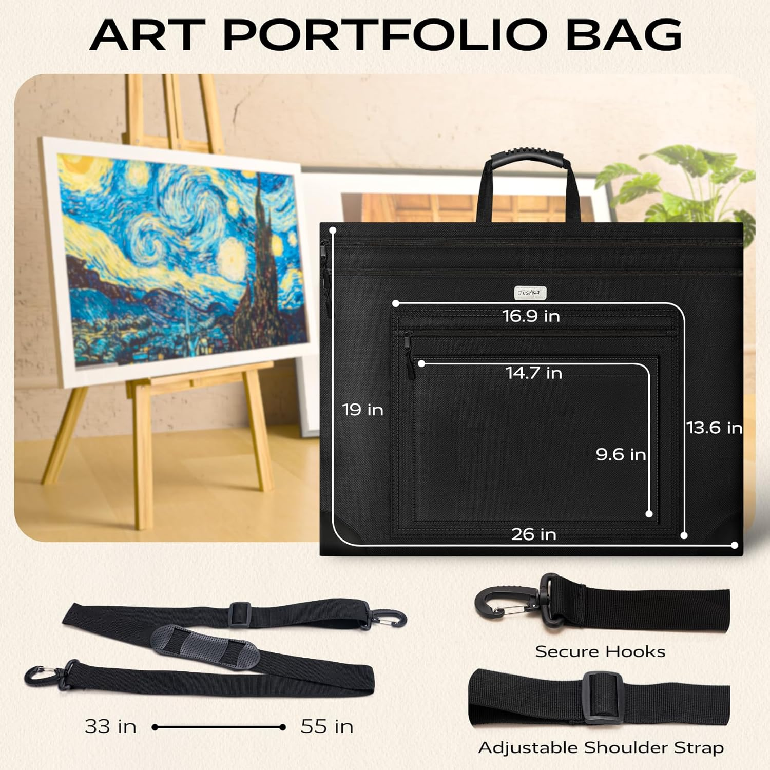 Jusart Art Portfolio Bag, 18X24 Light Weight Portfolio Folder Case with Adjustable Shoulder Strap, Leather Corners, Waterproof Carrying Storage Case for Artwork, Poster, Sketching, Drawing image number 2