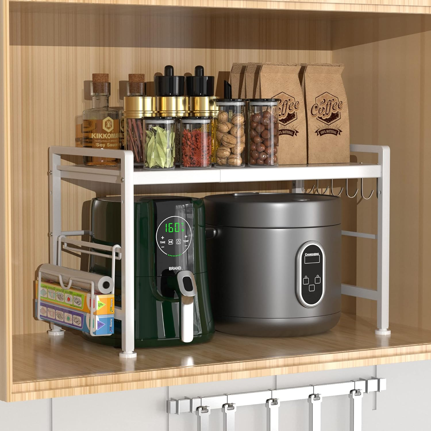 YIUKEA Extendable Microwave Oven Rack - Adjustable Kitchen Counter Shelf, 2 Tier Microwave Stand (L15.7~23.6" Xw12.8 Xh17.7) with 6 Hooks for Kitchen Countertop Organizer (White) - Black With Spice Rack image number 5