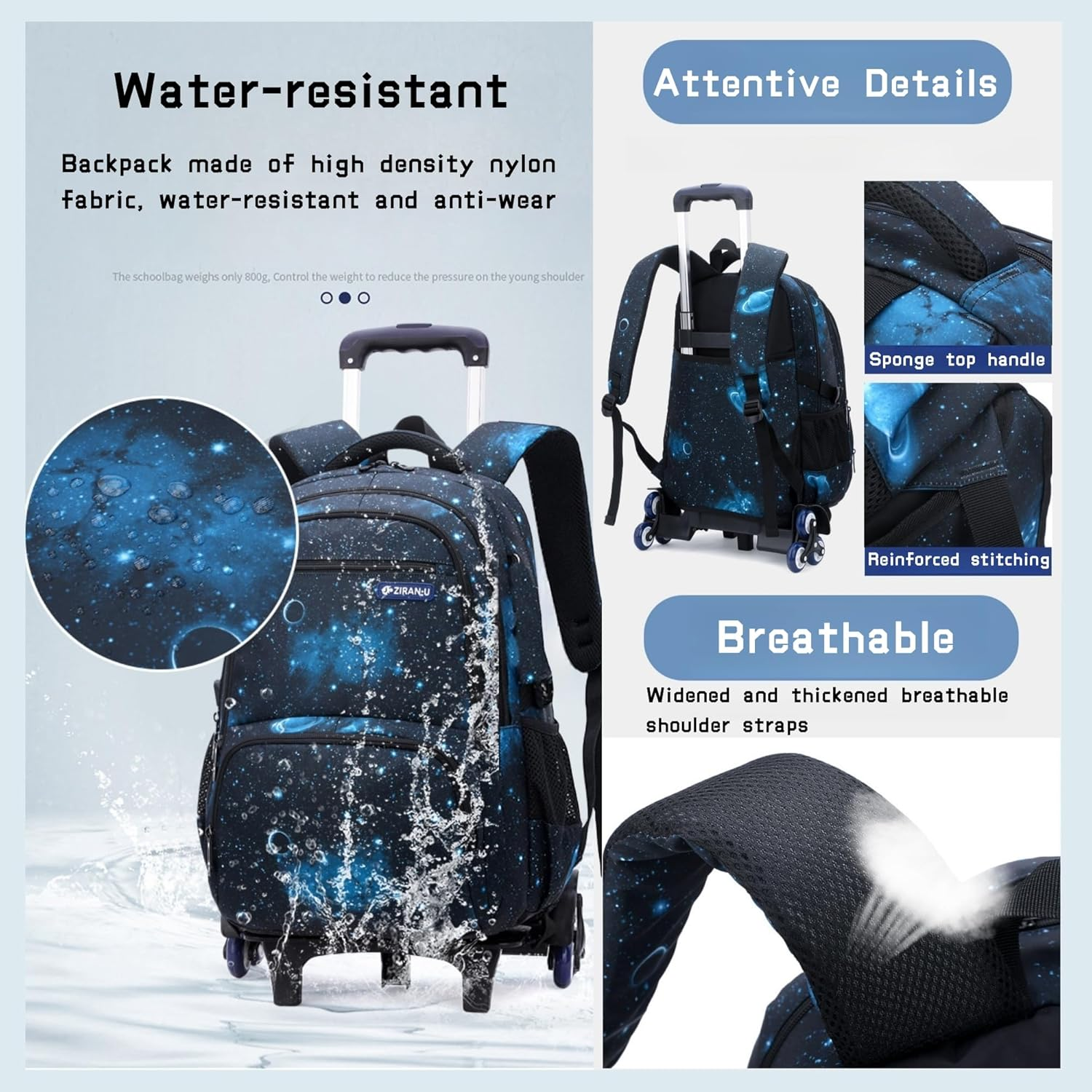 Galaxy Print Rolling Kids Backpack for Boys School Bag Elementary Bookbag with Wheels, 3Pcs-Style B-Galaxy-Black Blue, 3Pcs Rolling Backpack Set, Daypack Backpacks image number 2