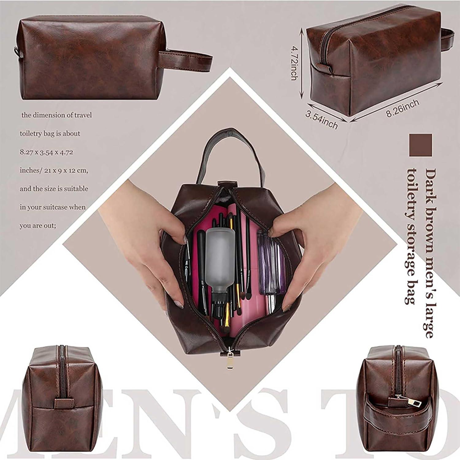 ZAUIBDUU Small Waterproof Leather Hand Carry Mens Travel Toiletry Bag (Dark Brown) image number 1