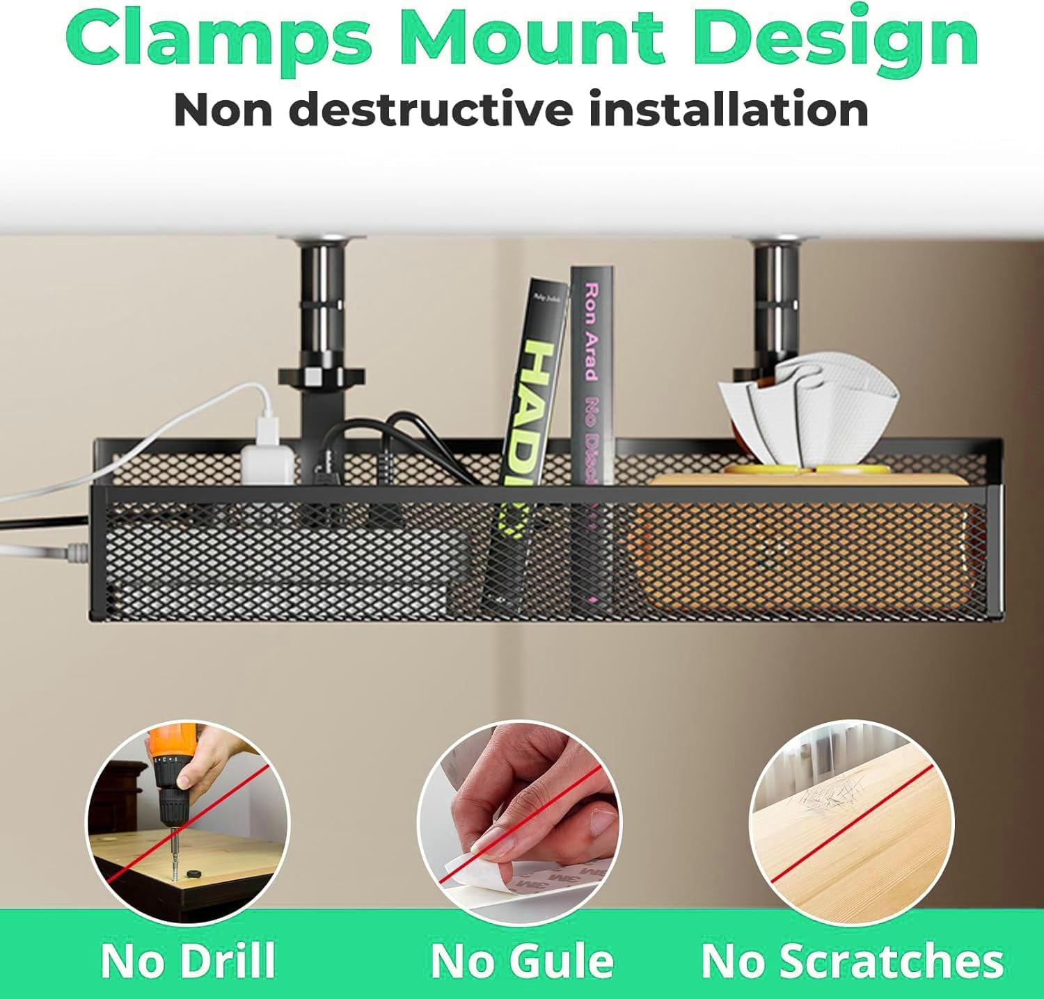 Under Desk Cable Management Tray No Drill, Metal Mesh Cable Management under Desk with Clamp Mount, Table Organizers and Accessories, Cord Storing for Home,Office and Workspace Organizers, Black - White image number 5