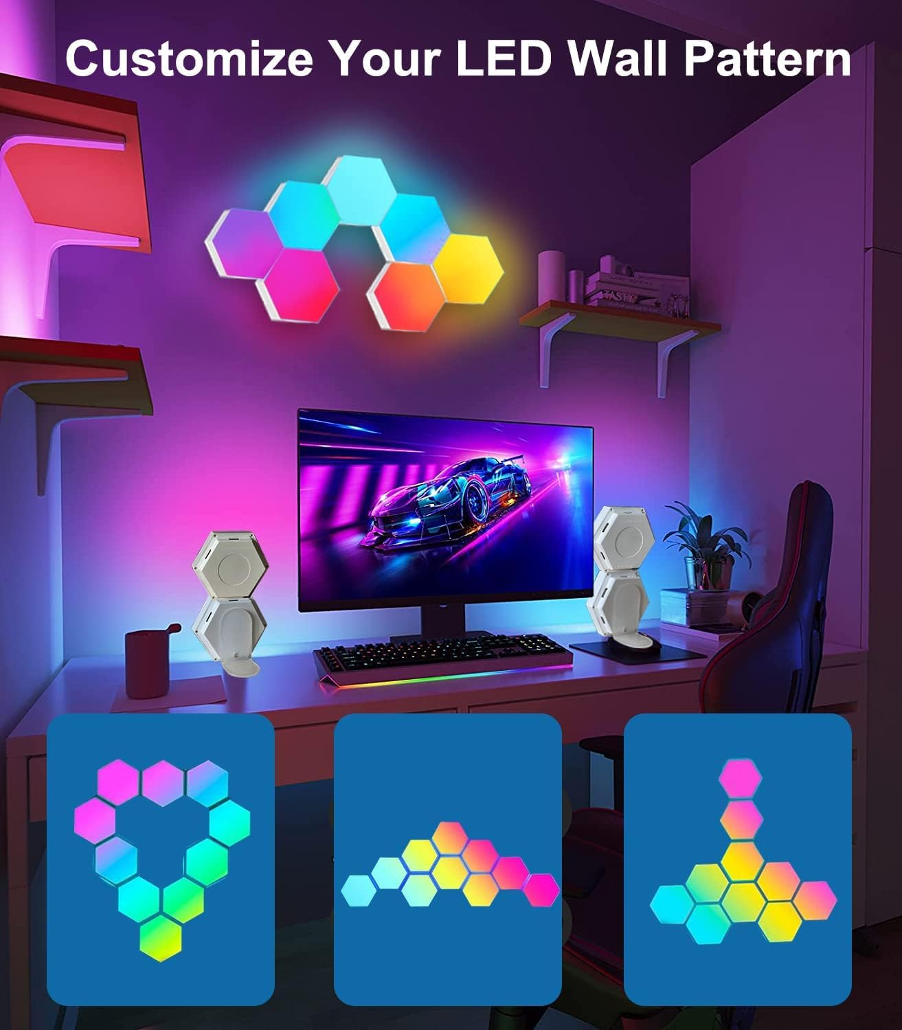 Hexagon Lights Remote Controlled, RGB LED Wall Lights Modular Light Panels Touch-Sensitive, DIY Geometric Gaming Lights with Stand, Infinitely Splicing for Gaming Room Living Room Bedroom TV, 6 Pack image number 3