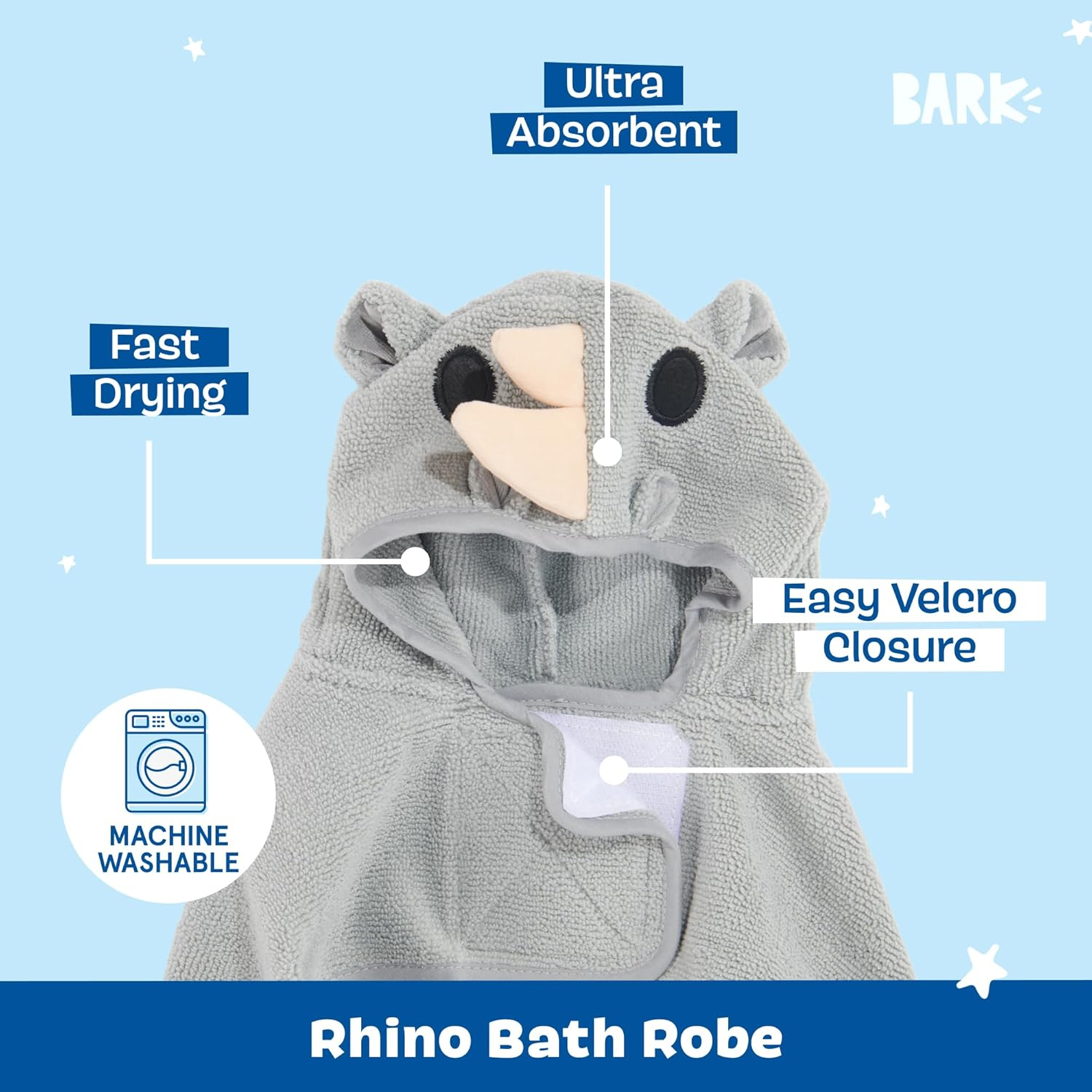 Barkbox Dog Bathrobe Towel - Lightweight, Super Cute Fast Drying Bathrobe for Dogs - Rhino (Medium) image number 5