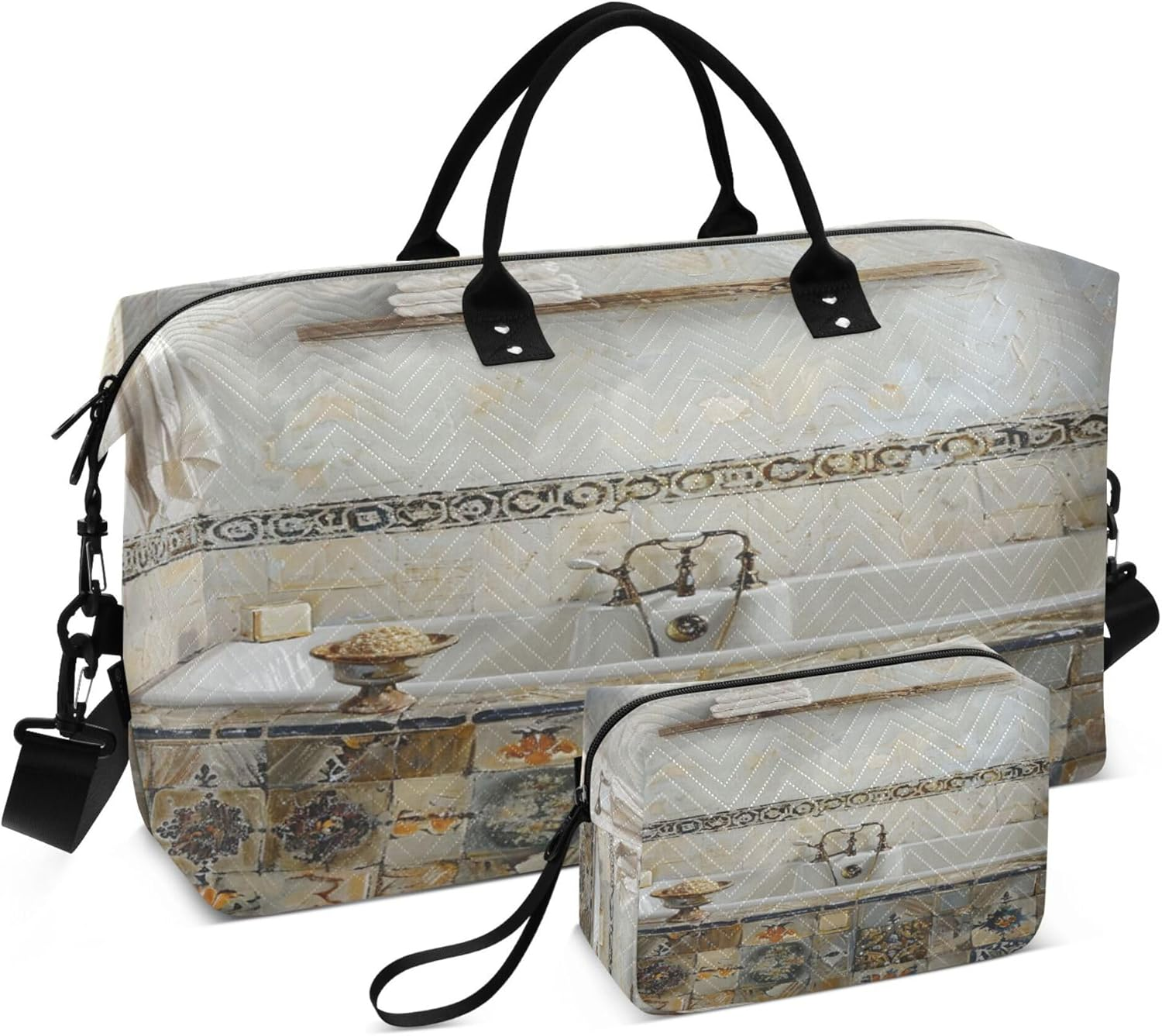 Duffel Bags Sport Training Bag Overnight Bag with Toiletry Bag for Travel Large Capacity Elegant Bathtub with Vintage Tiles, Multi, One Size, Modern/Fitted, Multi, One Size, Modern/Fitted image number 3