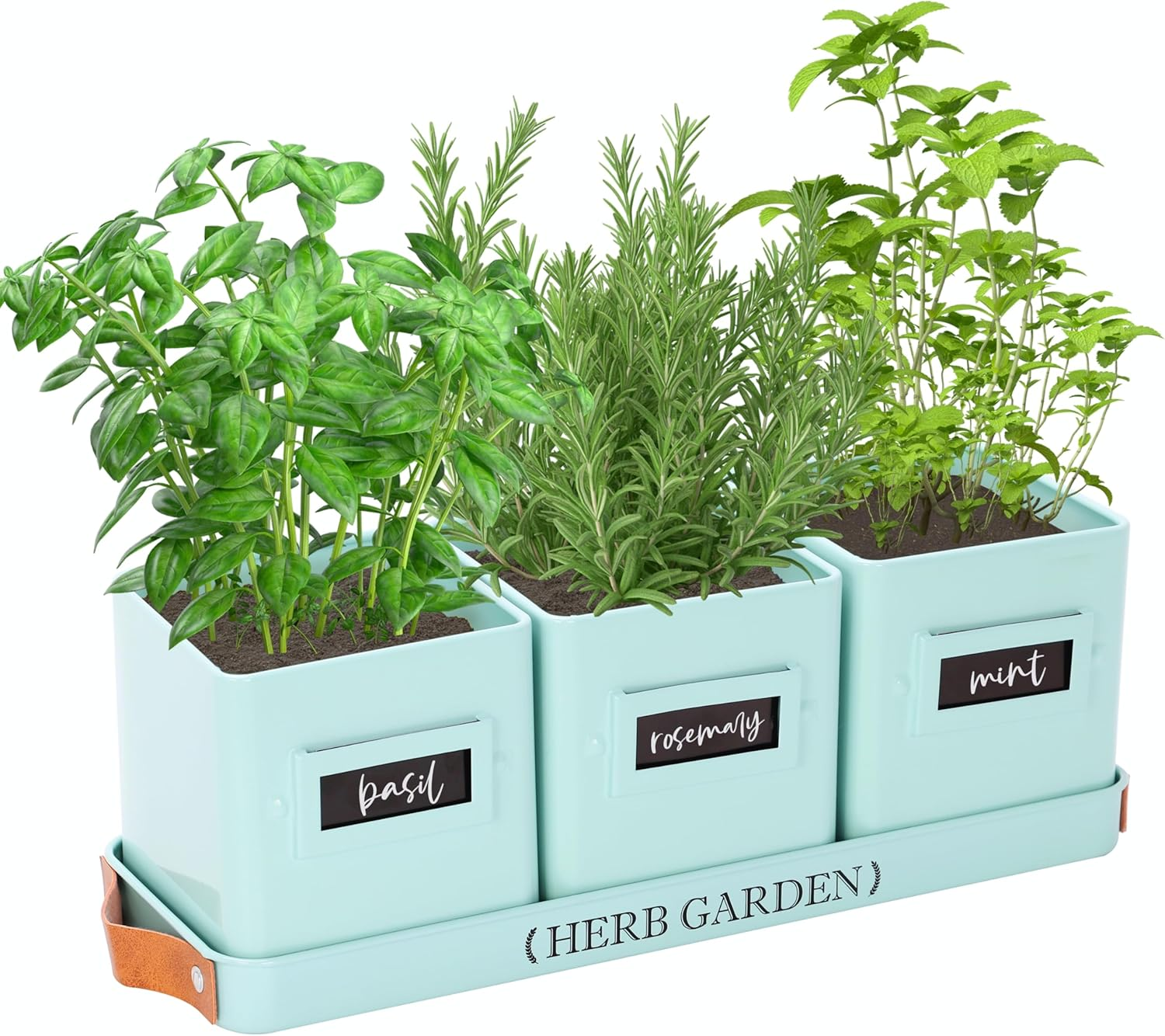 PERFNIQUE Indoor/Outdoor Herb Garden Planter Set, Farmhouse Style, White, 4.4" W X 4.7" H, 14.2" L X 4.9" W X 1.2" H Tray, Windowsill Herb Garden, Drainage System