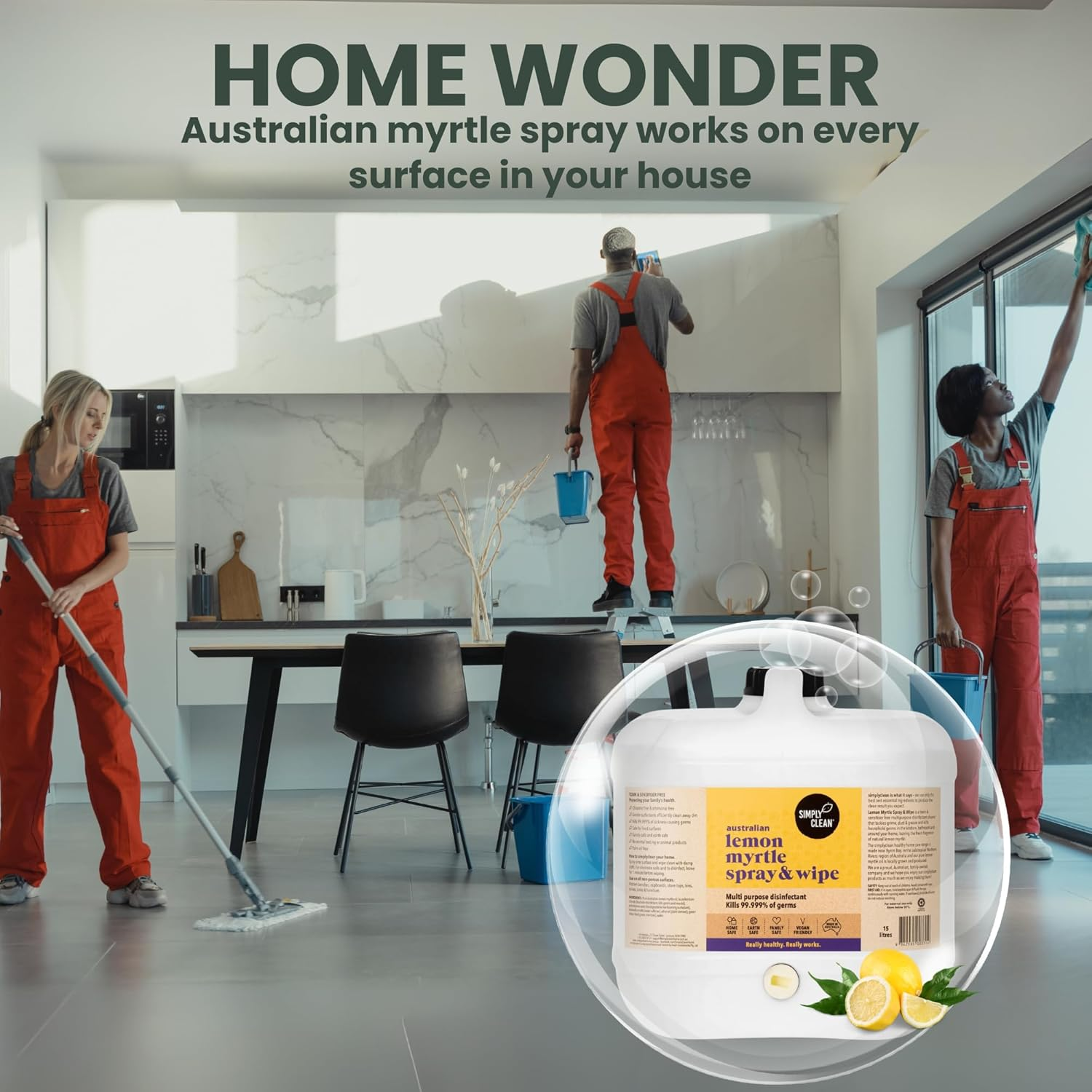 Simplyclean Lemon Myrtle Spray & Wipe - Natural Multi-Purpose Cleaner with Australian Lemon Myrtle Essential Oil - Kitchen and Bathroom Surface Cleaner - Ammonia Free - All Purpose Spray - 15 Ltr image number 5