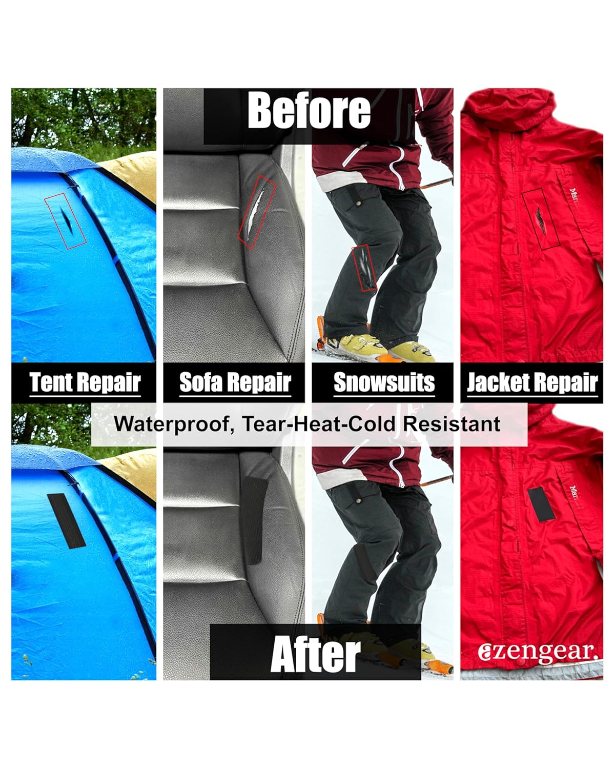 Azengear Repair Patches (2 Pack), Self-Adhesive, Waterproof, Tear-Cold-Heat-Resistant, Seal Tape to Fix Rips in down Jackets, Shoe Holes, Tents, Upholstery, Inflatables, Rvs (Black, 6X20Cm) image number 2