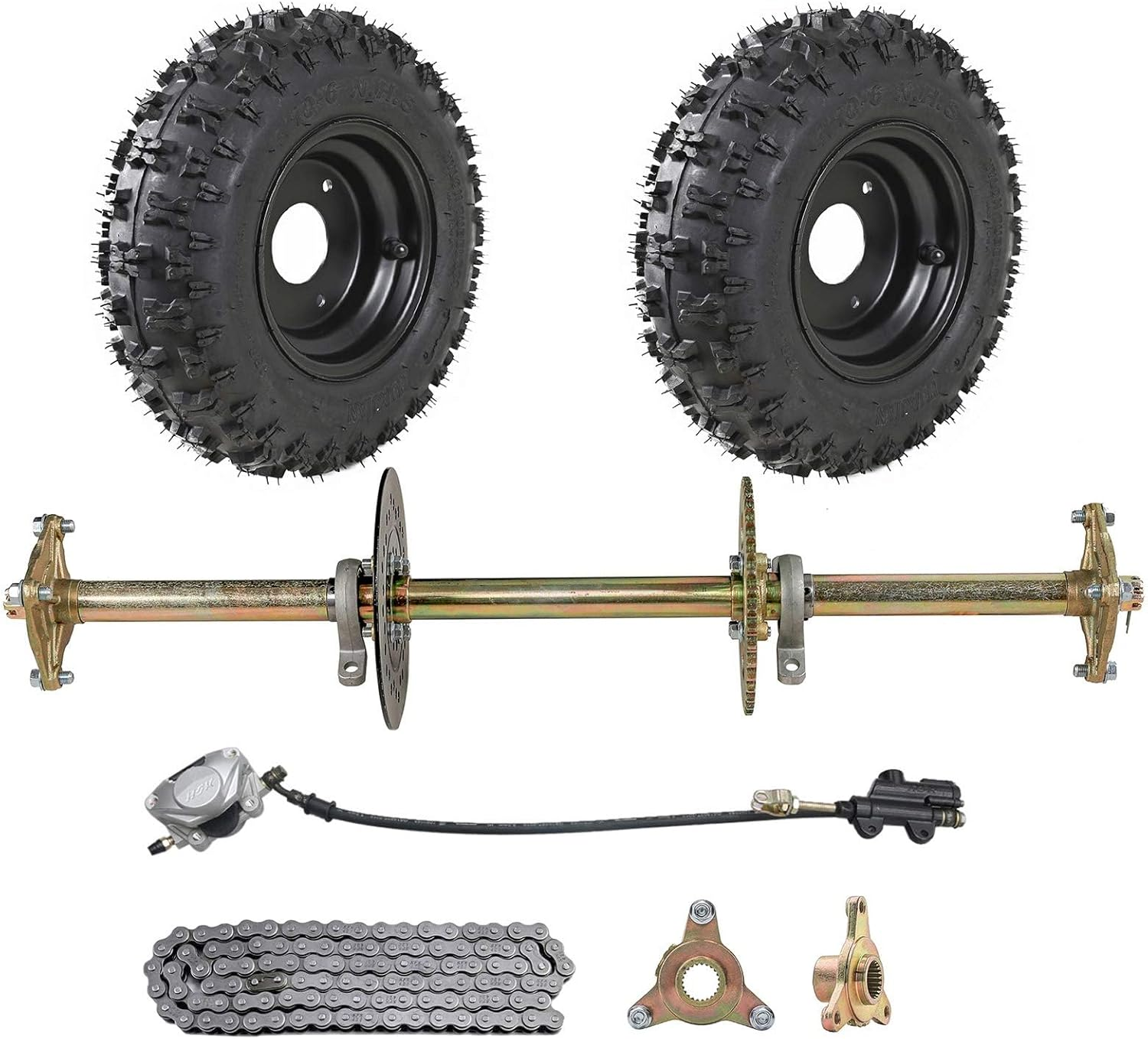YC Yier 32" Go Kart Rear Live Axle Kit, DIY Parts, 4.10-6" Wheels Tires Rims, Brake Assembly, 3 Stud Wheel Hubs, 428 Sprocket for Mini Bike Drift Trike Golf Cart ATV Quad Buggy image number 2