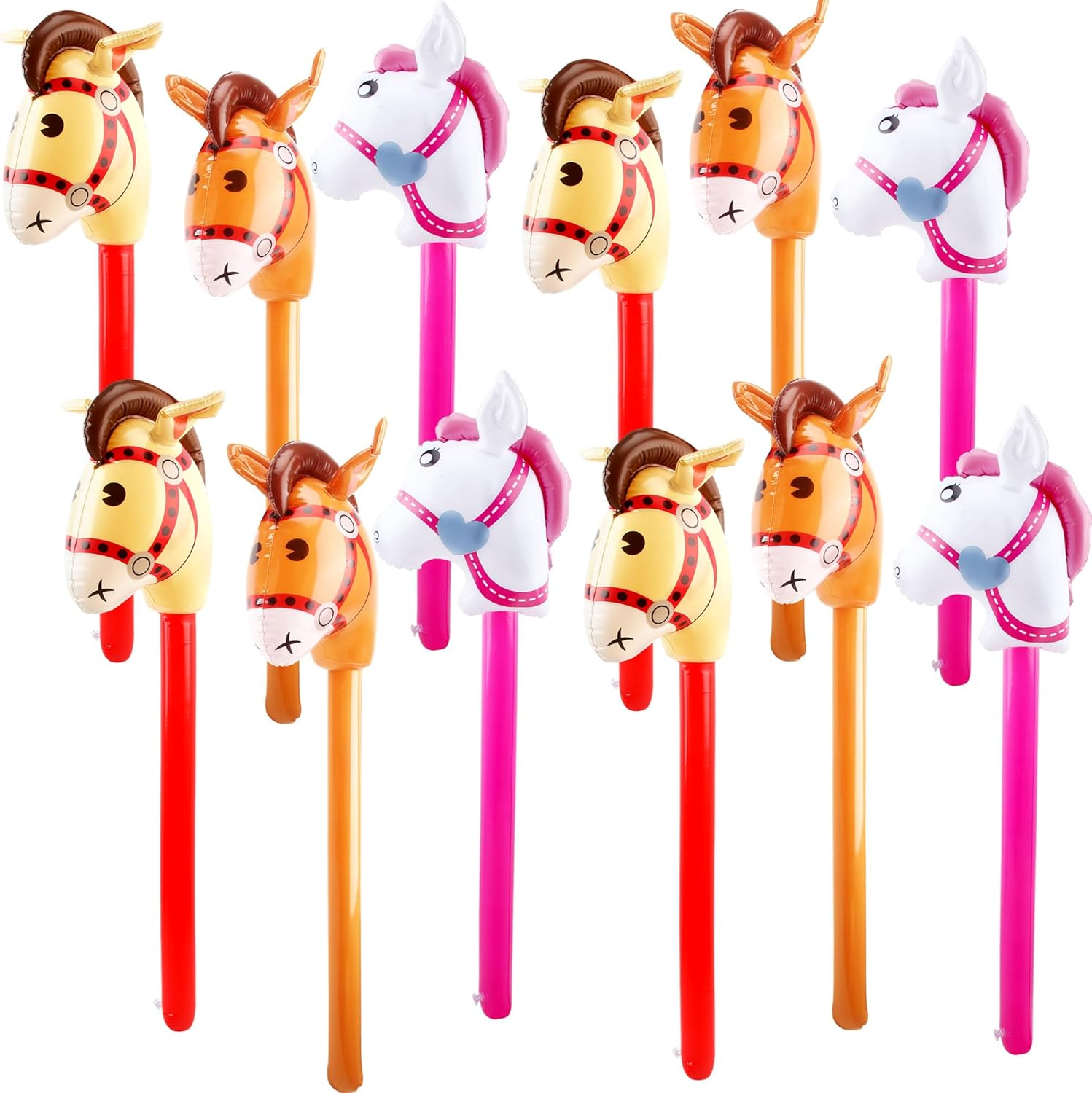 12 Pack Inflatable Stick Horse Bulk Colorful Inflatable Horsehead Stick Balloon Cute Blow up Pony Stick for Kids Birthday Cowboy Horse Theme Party Supply, 6 Colors (Color Set 2)