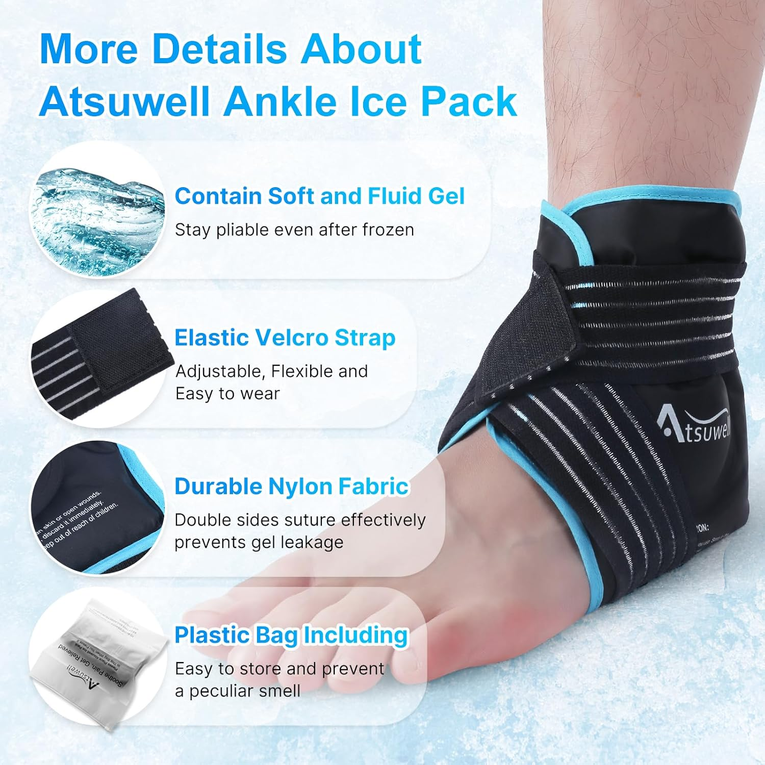 Atsuwell Ankle Ice Pack Wrap, Reusable Gel Ice Pack for Foot Ankle Heel, Cold Compress Therapy for Pain Relief, Injuries, Achilles Tendonitis, Swelling, Sprained Ankles and Heels image number 2
