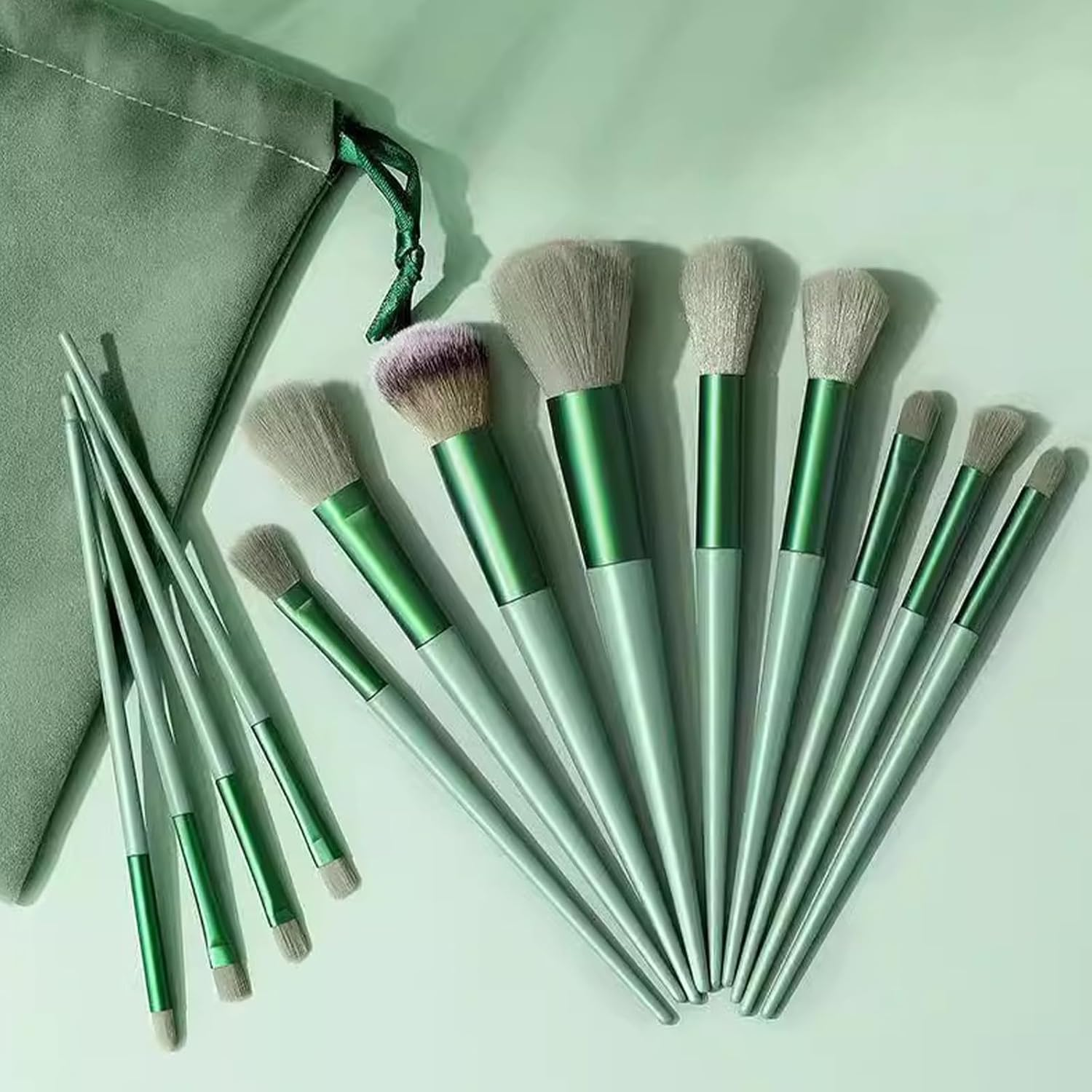 13 Pcs Makeup Brushes, Makeup Brush Set for Foundation Face Contour Powder Blush Concealers Eyeshadow Eye Shadows, Travel Makeup Brushes for Daily Makeup Use (Green) - Green image number 6