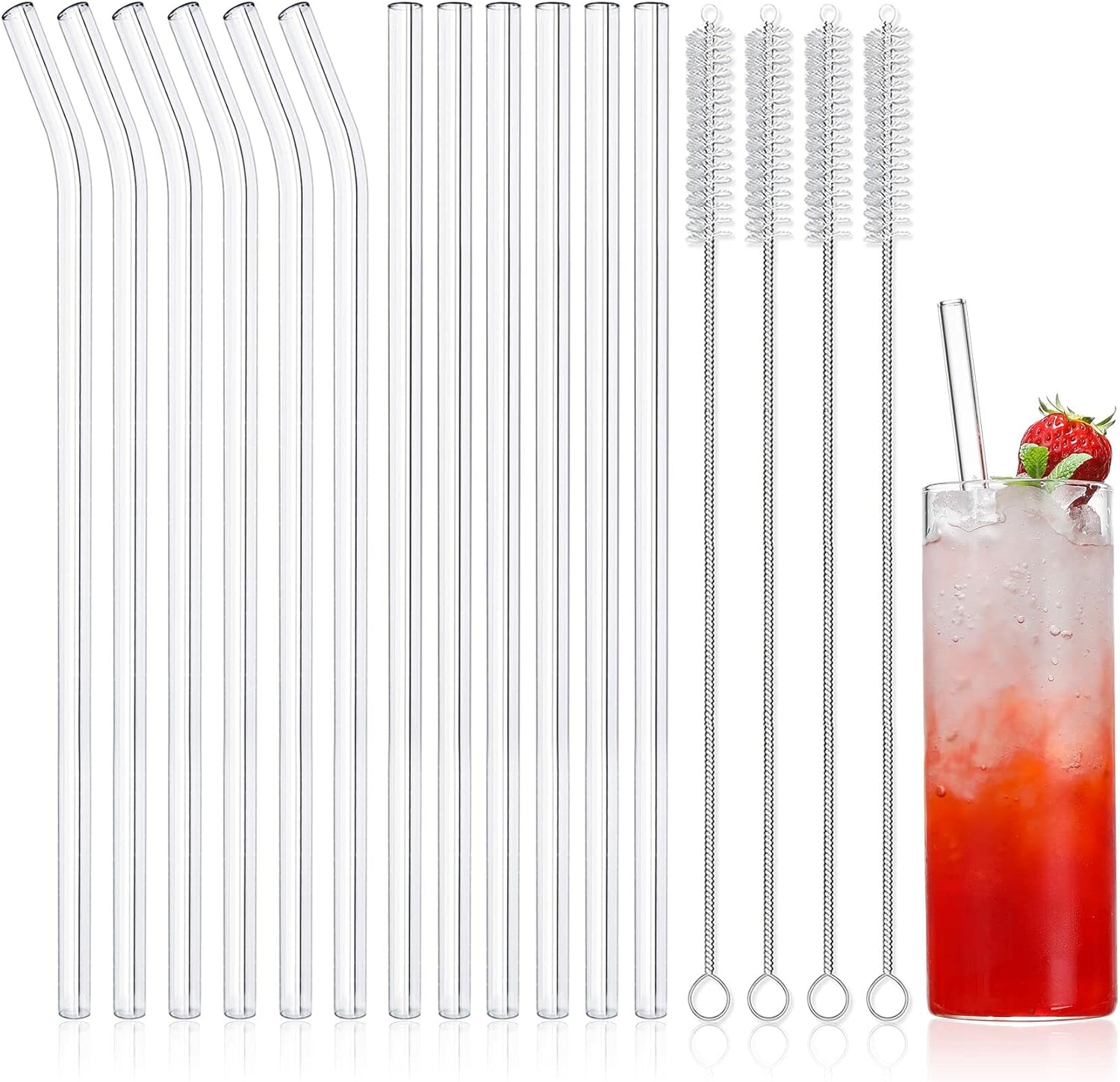 NETANY 12-Pack Reusable Glass Straws, Clear Glass Drinking Straw, 10''X10 MM, Set of 6 Straight and 6 Bent with 4 Cleaning Brushes - Perfect for Smoothies, Milkshakes, Tea, Juice - Dishwasher Safe image number 6