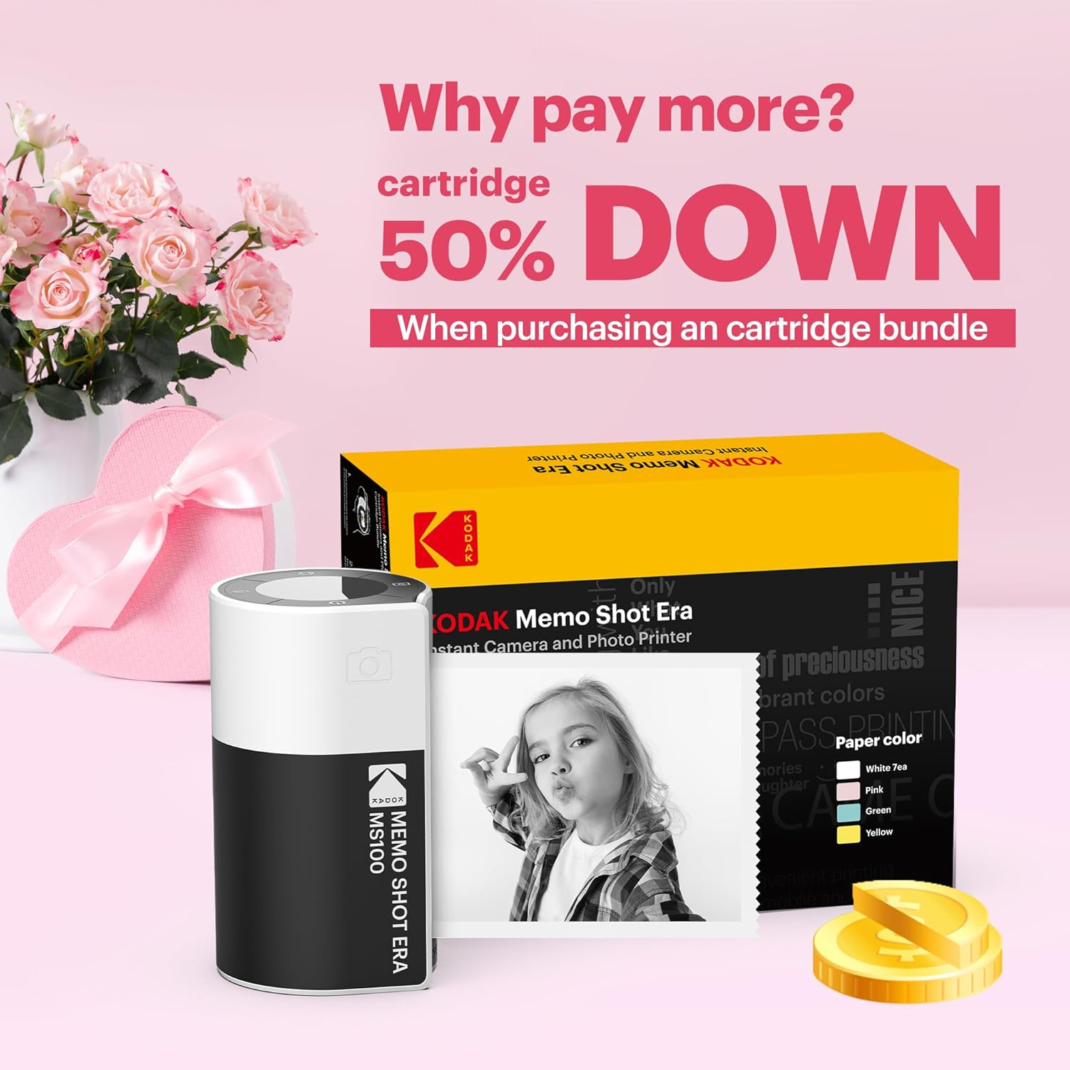 Kodak Memo Shot ERA Kids Instant Camera and Photo Label Printer, White (Camera with 1 Roll One Touch Label Cartridge + 9 Rolls Cartridge Set) image number 3