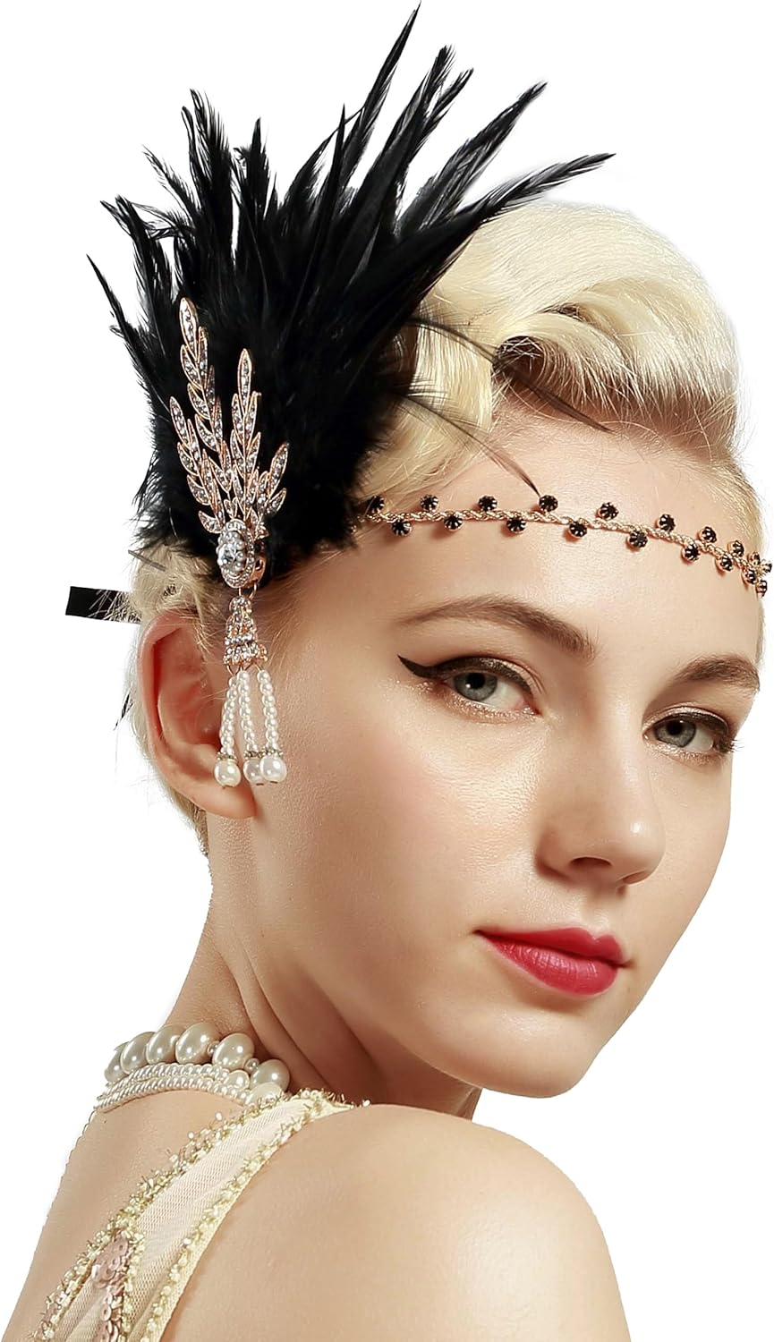BABEYOND Art Deco 1920'S Flapper Great Gatsby Inspired Leaf Medallion Pearl Headband Feather (Gold and Champagne Feather)