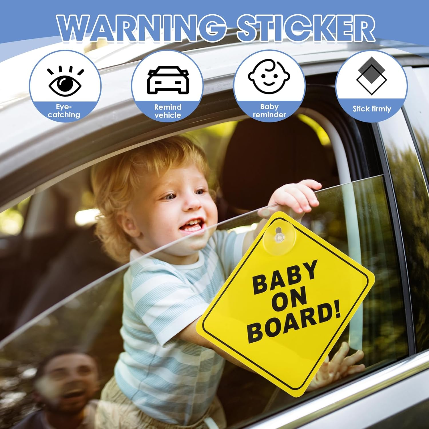 Baby on Board Car Stickers - 2Pc Reusable Safety Decals with Strong Suction Cups - 5"X5" High-Visibility Car Signs - Weatherproof & Removable for Child Safety (Yellow) image number 1