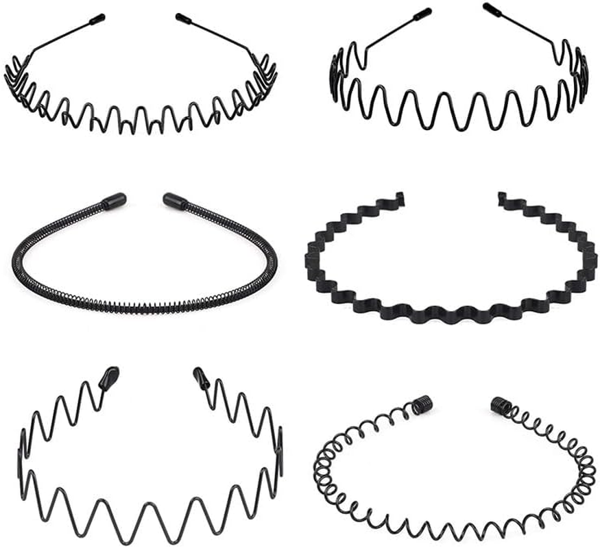 Unisex Black Elastic Non,Slip Metal Wavy Headbands for Men, Ideal for Outdoor Sports, Hair Accessories(6Pcs) image number 3