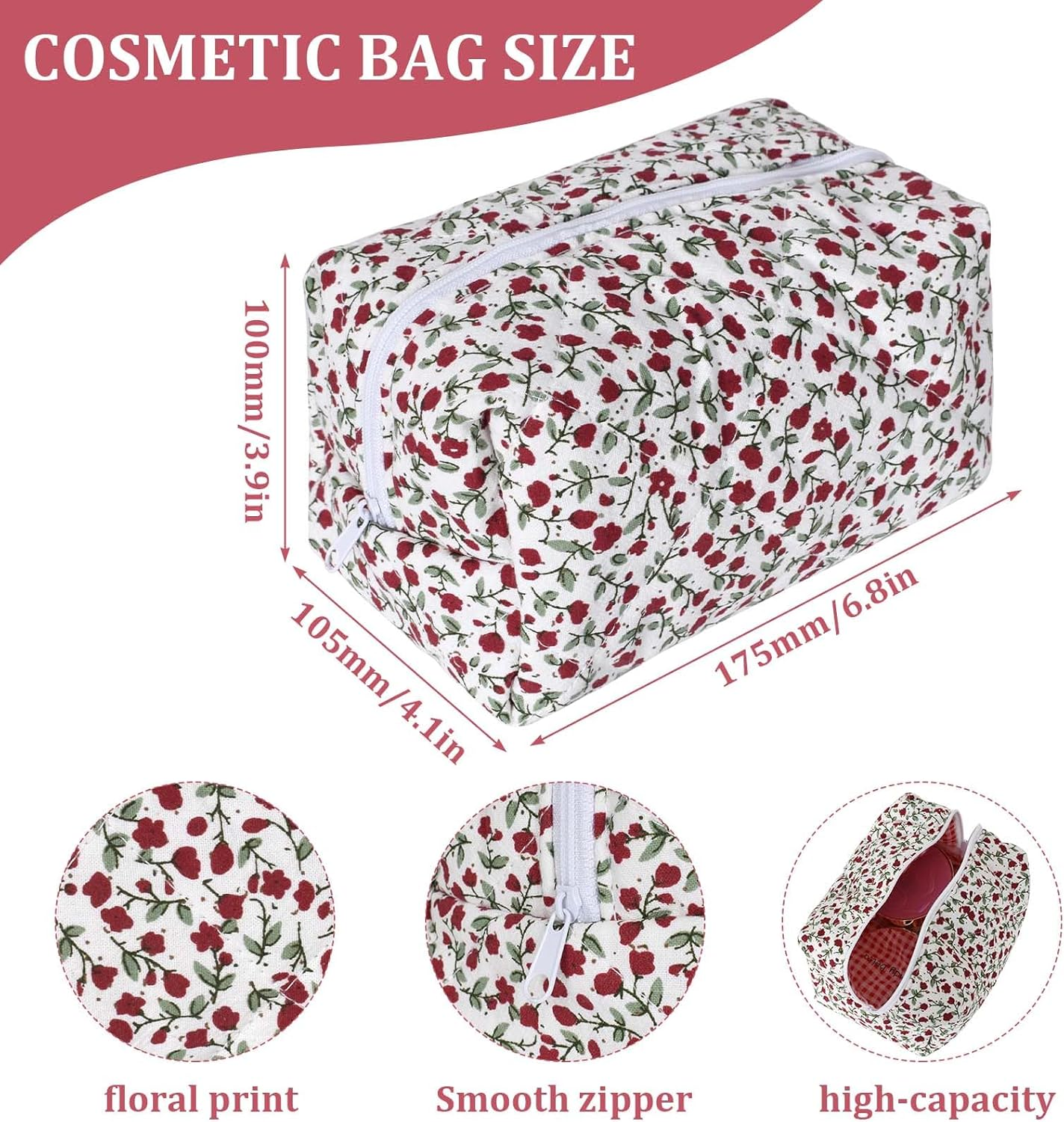 Travel Cosmetic Bag, Cosmetic Bag, Aesthetic Flowers, Quilted Toiletry Bag, Women'S Floral Toiletry Bag, Make up Bag, Aesthetic, with Zip, for Beauty Utensils, Red, Fashion