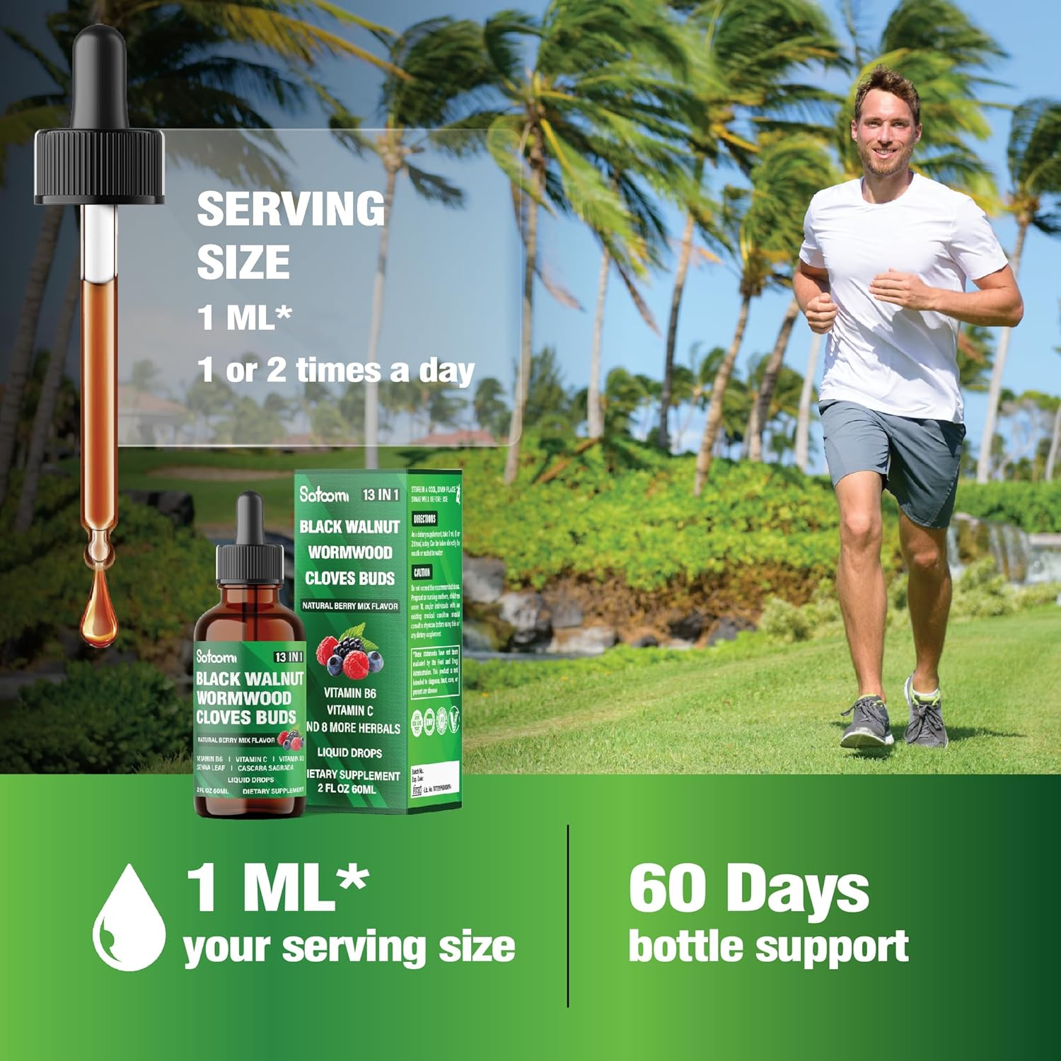 SATOOMI 13In1 Black Walnut Liquid Drops with Wormwood, Cloves, Vitamin B6, Vitamin C, Vitamin D, Senna, Cascara Sagrada and 5 More - 2 Fl Oz for 60 Days - Berry Mix Flavor image number 1