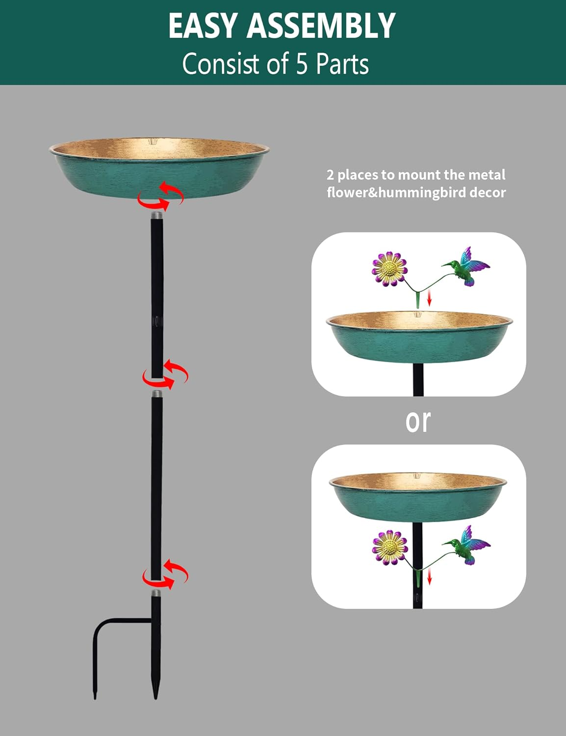 Bird Bath for Outside, 11 Inch Green&Bronze Metal Birdbath Bowl Decorated Hummingbird Flower Freestanding Garden Bird Bath Feeder Outdoor Decor Yard Art image number 1