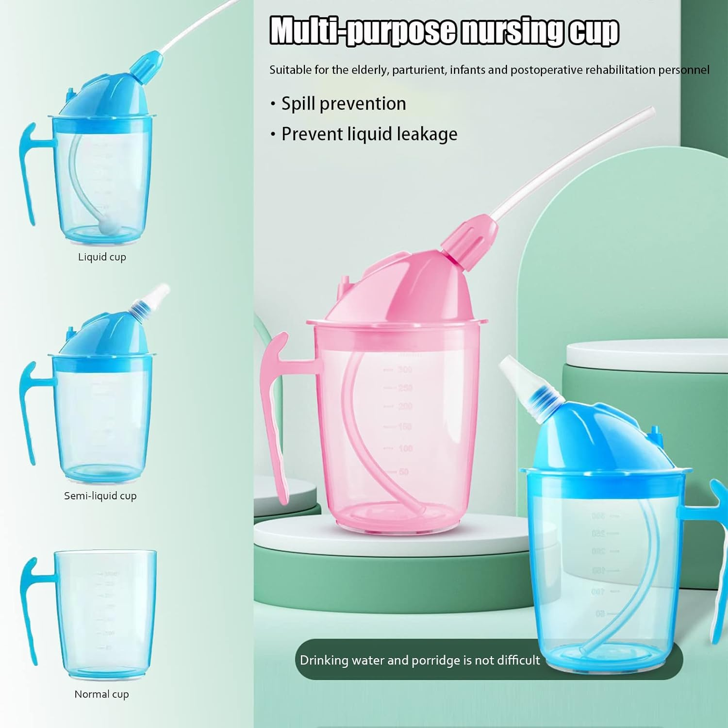VOPHIA Drinking Beaker Cup for Disabled Adults, Convalescent No Spill Feeding Cup with Straw for Elderly Maternity Drink Water Porridge Soup 350Ml (Blue) image number 5