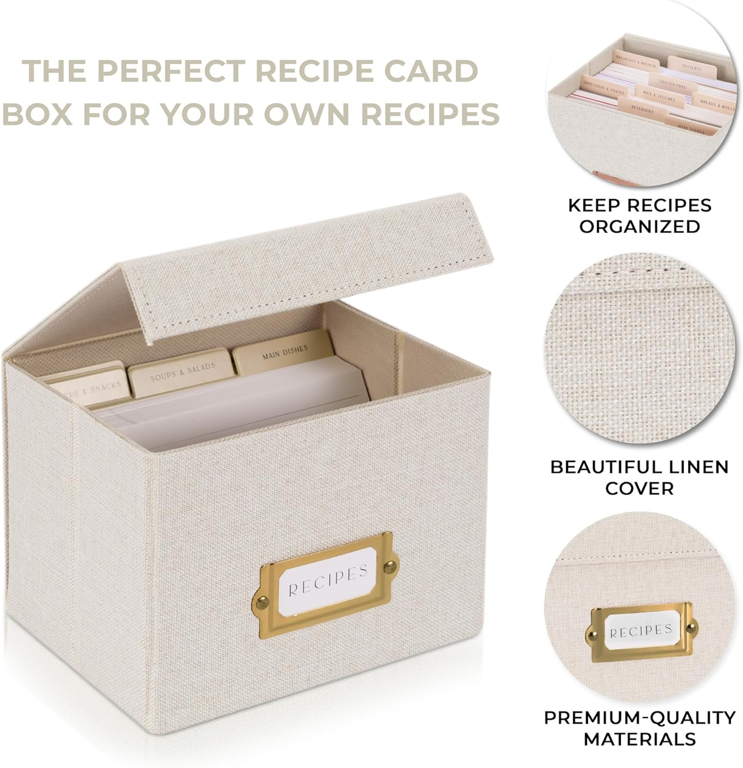 ZICOTO Beautiful Linen Recipe Box - Fits 4X6 Inch Recipe Cards to Easily Organize up to 250 Recipes - a Sturdy Card Holder and Great Gift That Perfectly Fits into Any Kitchen - Cards Not Incl. image number 4